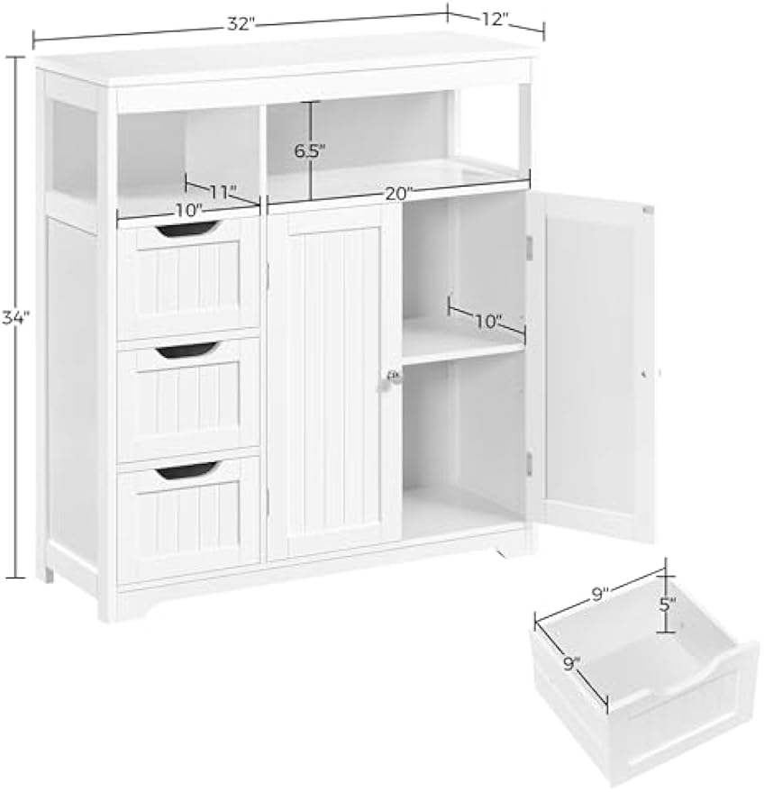 Yaheetech Bathroom Floor Cabinet, Wooden Storage Organizer with 3 Drawers and 2 Open Shelves, Freestanding Storage Cabinet with a Large Bottom Cabinet for Bathroom, Living Room, Kitchen, White