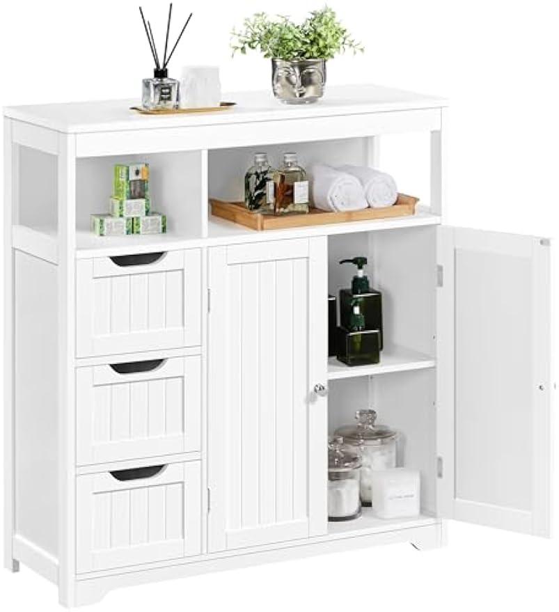 Yaheetech Bathroom Floor Cabinet, Wooden Storage Organizer with 3 Drawers and 2 Open Shelves, Freestanding Storage Cabinet with a Large Bottom Cabinet for Bathroom, Living Room, Kitchen, White