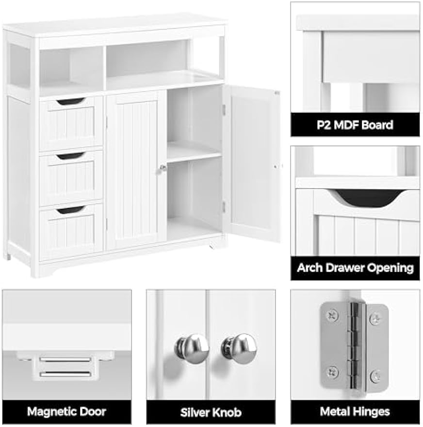 Yaheetech Bathroom Floor Cabinet, Wooden Storage Organizer with 3 Drawers and 2 Open Shelves, Freestanding Storage Cabinet with a Large Bottom Cabinet for Bathroom, Living Room, Kitchen, White