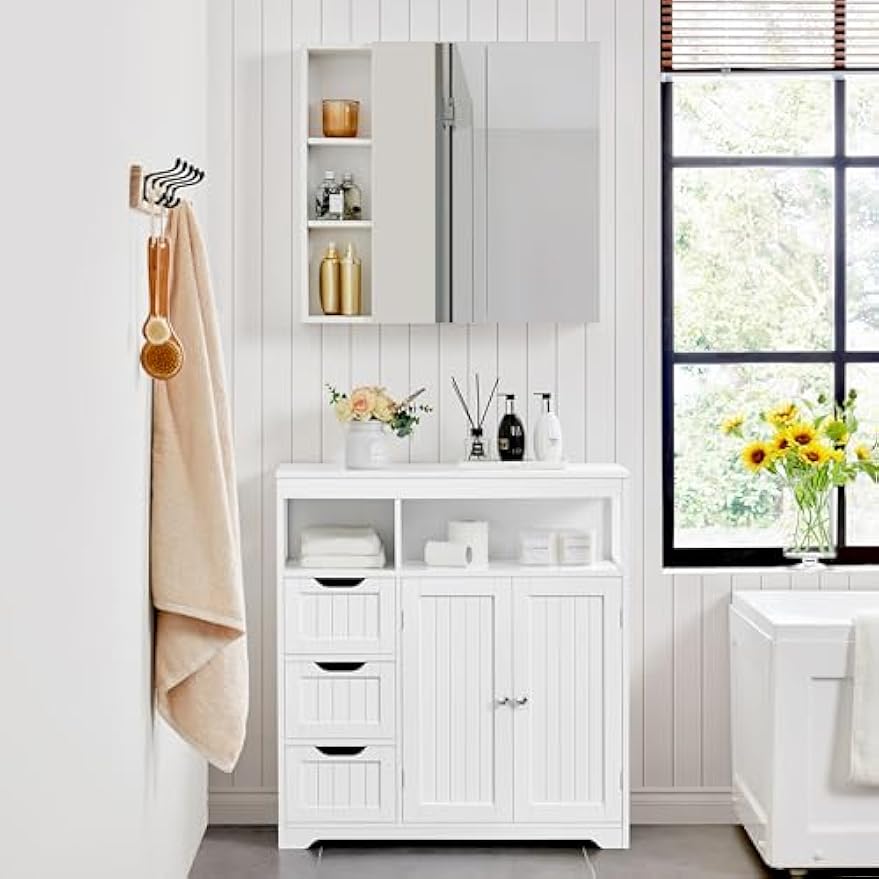 Yaheetech Bathroom Floor Cabinet, Wooden Storage Organizer with 3 Drawers and 2 Open Shelves, Freestanding Storage Cabinet with a Large Bottom Cabinet for Bathroom, Living Room, Kitchen, White