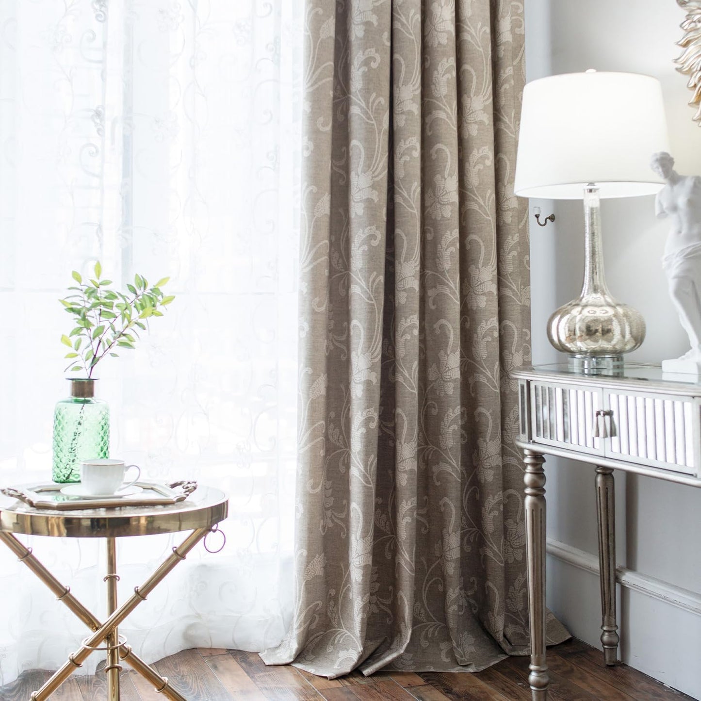 VOGOL Light Brown Leaves Printed Curtains & Drapes, 2 Panels Light Filtering Privacy Curtains for Bedroom Living Room, 52 x 84 Inches Linen Textured Window Treatment, Grommet Top
