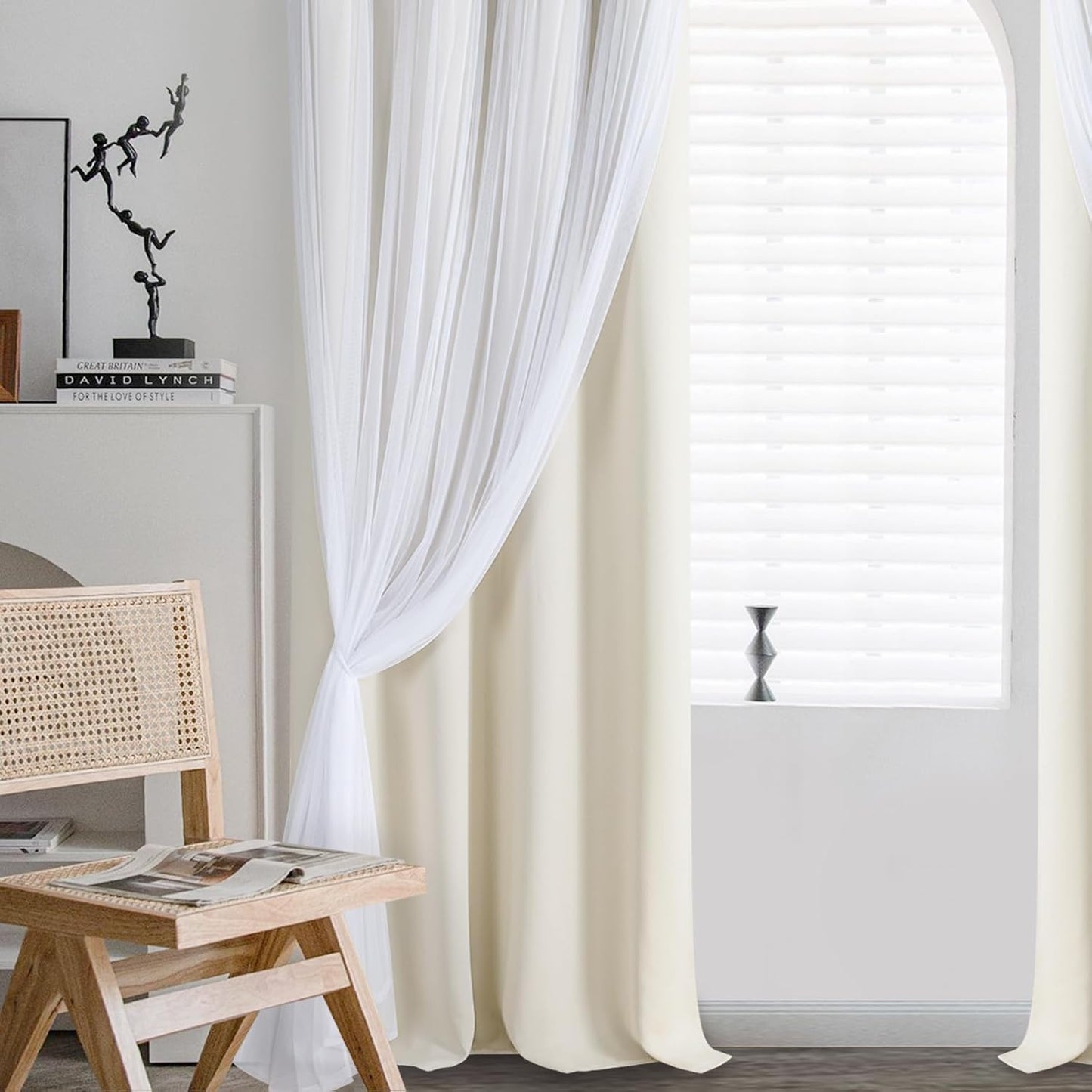 DWCN Blackout and Sheer Curtains with Tiebacks Layered Curtains for Living Room Grommet Top Window Curtain Panels with Sheer Overlay, 52 W by 84 L, Ivory, 2 Pieces