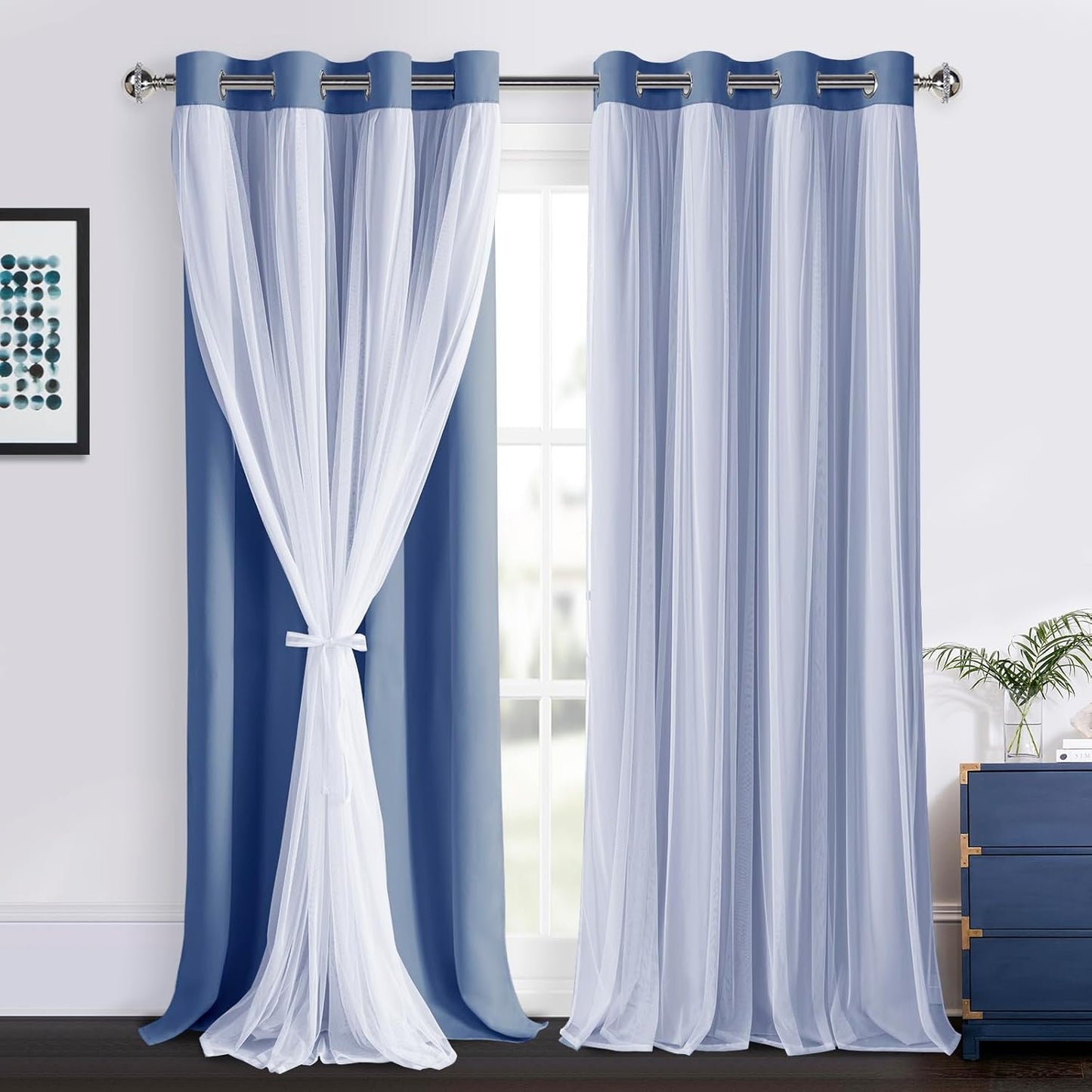 DWCN Blackout and Sheer Curtains with Tiebacks Layered Curtains for Living Room Grommet Top Window Curtain Panels with Sheer Overlay, 52 W by 84 L, Ivory, 2 Pieces