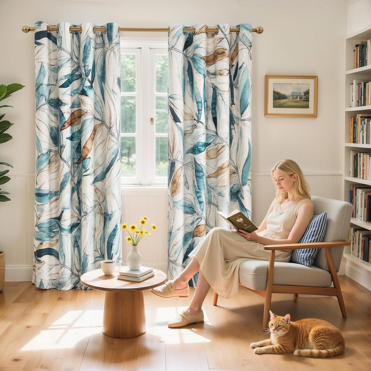 SUBRTEX Blackout Curtains 52Wx84L, Room Darkening Floral Curtains, Thermal Insulated 2 Panels Window Drapes, Boho Farmhouse Curtains for Living Room Bedroom Window Treatments, Blue
