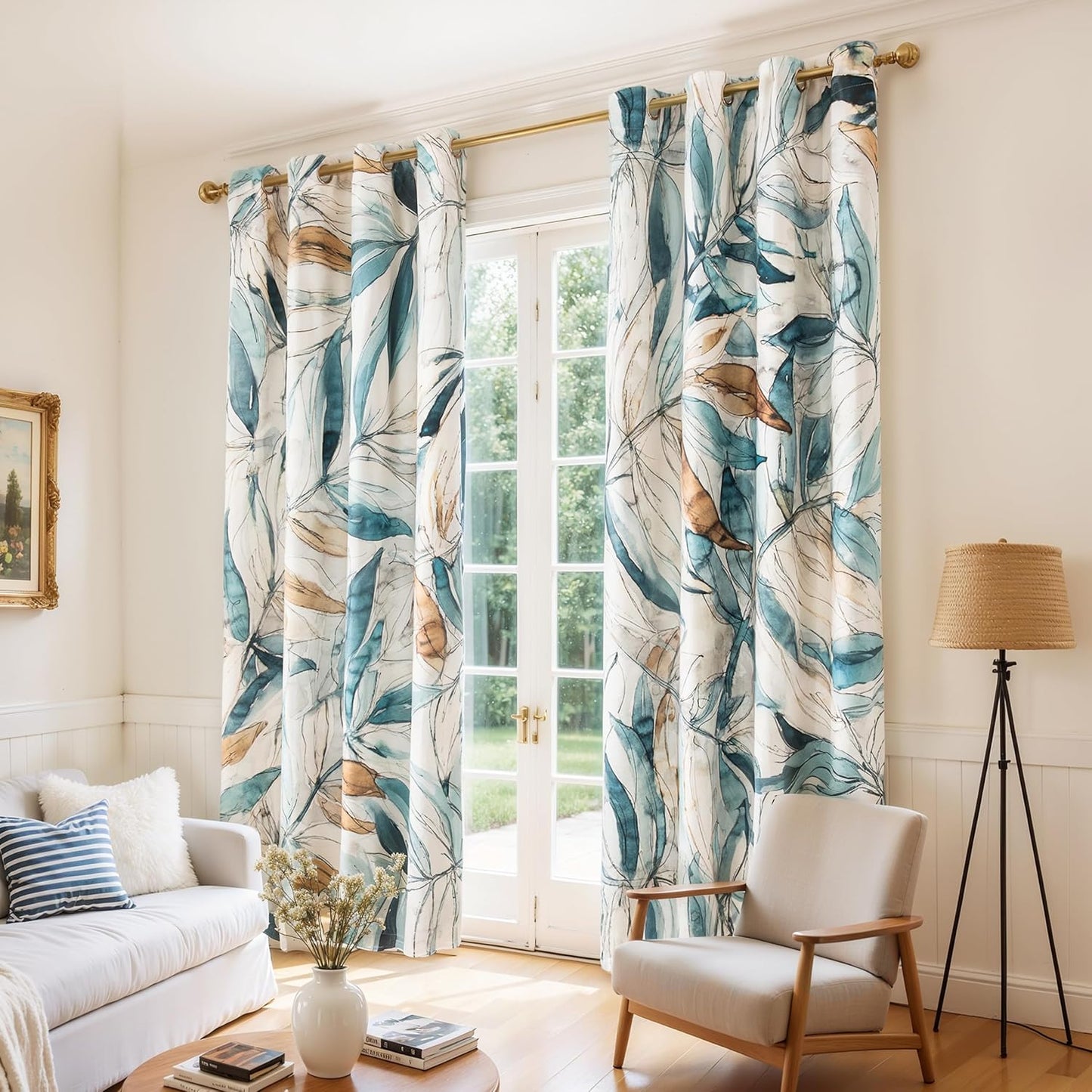 SUBRTEX Blackout Curtains 52Wx84L, Room Darkening Floral Curtains, Thermal Insulated 2 Panels Window Drapes, Boho Farmhouse Curtains for Living Room Bedroom Window Treatments, Blue