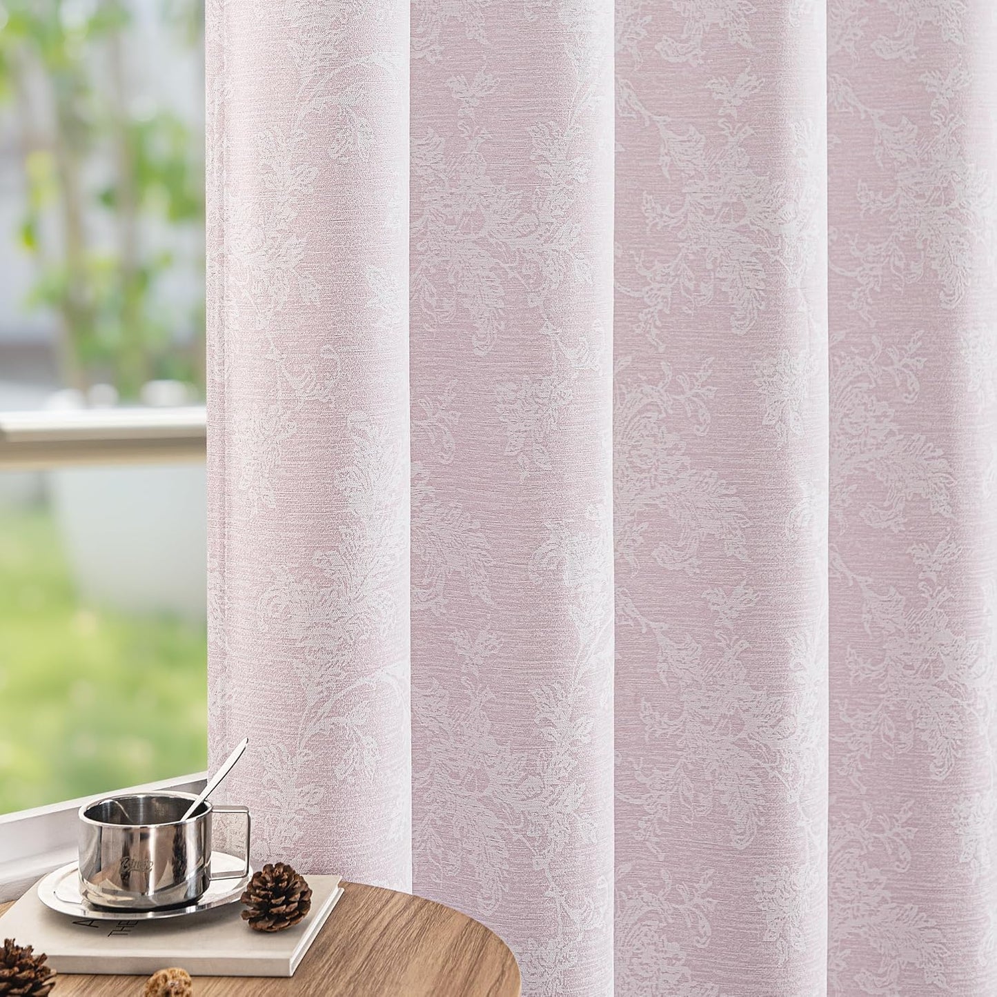 FMFUNCTEX Beige Floral Jacquard Blackout Curtains 96 Inches Long for Bedroom, Scroll Flower Chenille Farmhouse Curtains for Living Room Darkening Thermal Insulated Grommet Window Drapes 2 Panels