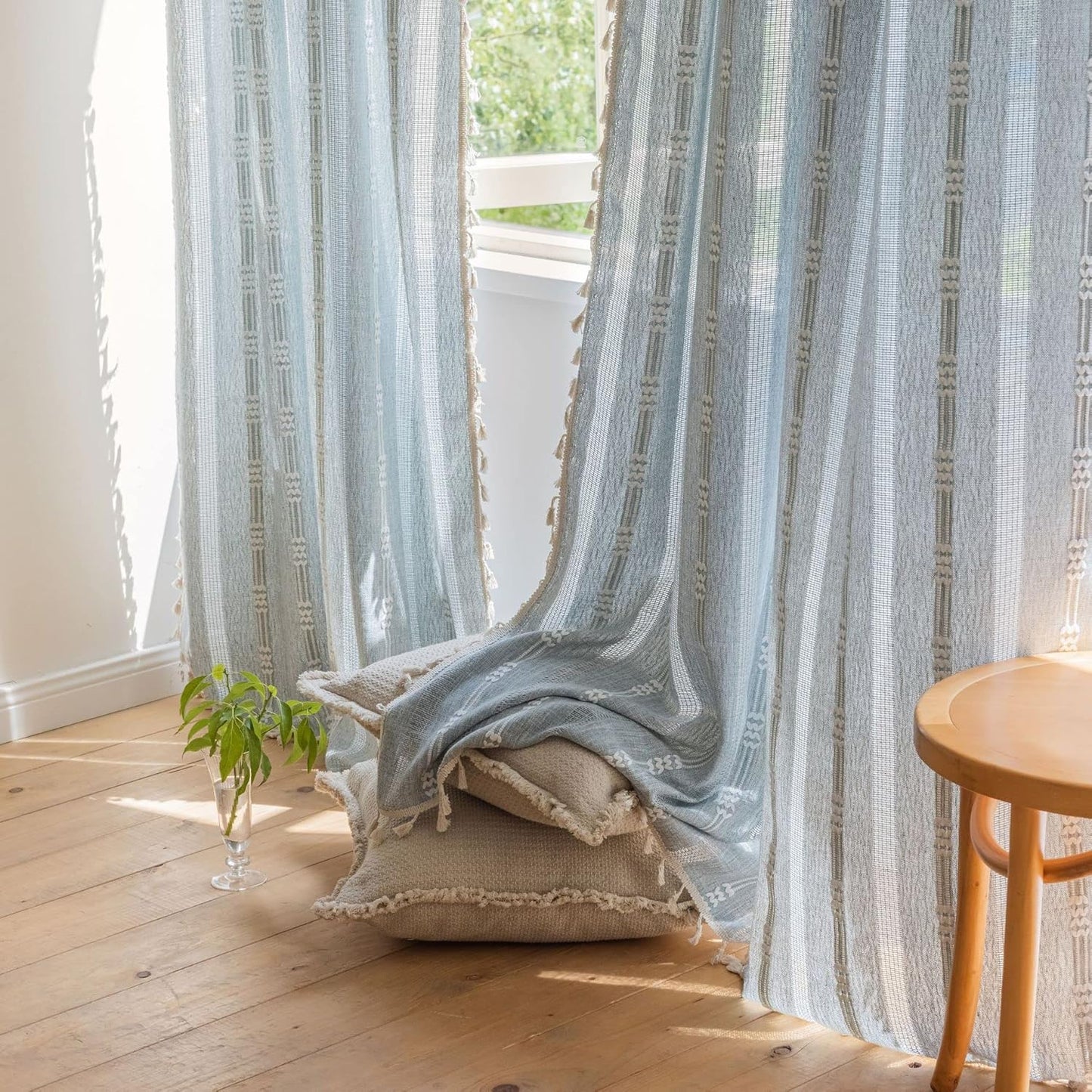 Linen Curtains 84 Inches Long - Embroidery Striped Farmhouse for Living Room, Tassel Boho for Bedroom, Light Filtering 2 Panels Set Rod Pocket Drapes (52" W x 84" L, Khaki)