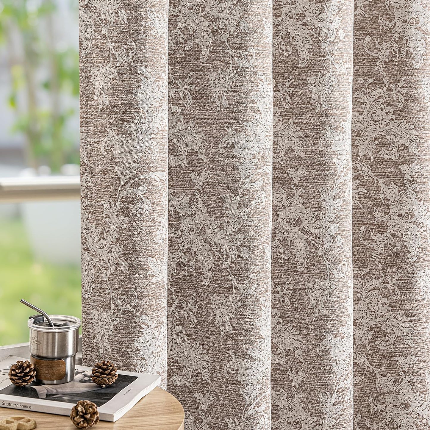FMFUNCTEX Beige Floral Jacquard Blackout Curtains 96 Inches Long for Bedroom, Scroll Flower Chenille Farmhouse Curtains for Living Room Darkening Thermal Insulated Grommet Window Drapes 2 Panels