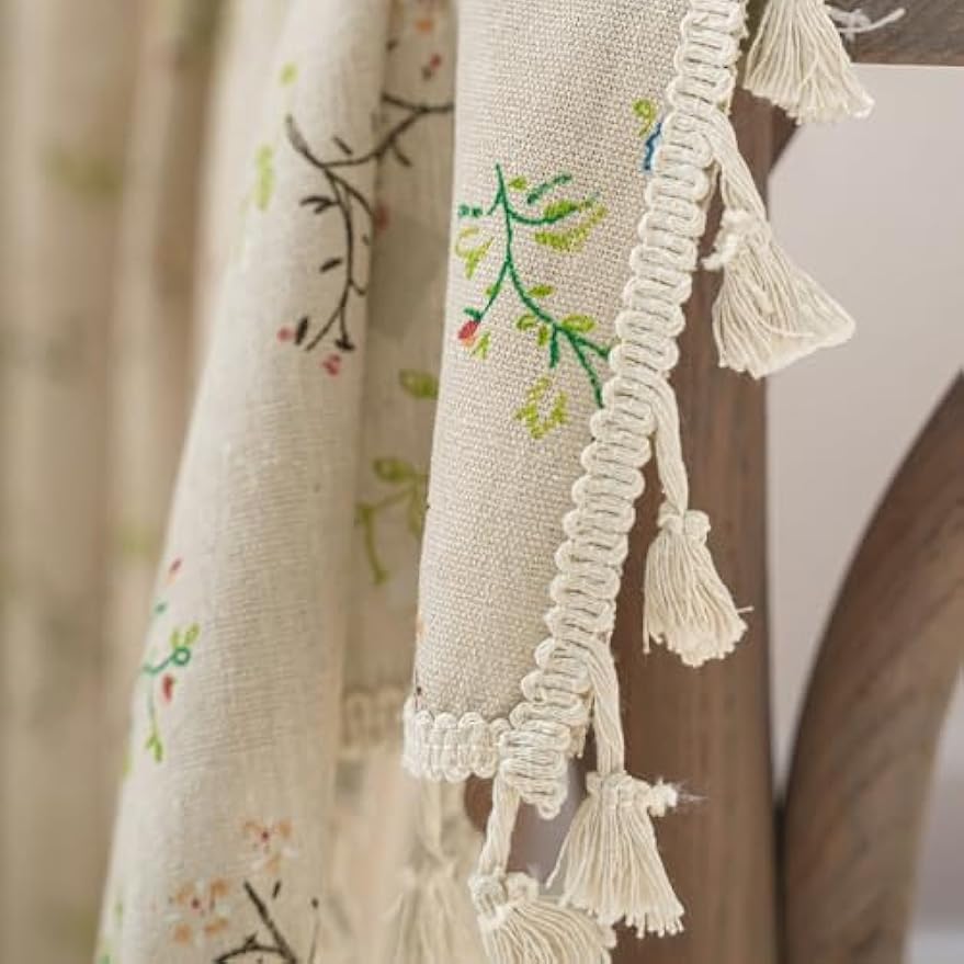ENJOYBRIDAL Floral Bedroom Curtains 84 Inch Length 2 Panels Set Farmhouse Semi Sheer Living Room Drapes Cotton Linen Blend Bohemian Window Curtain Panels with Tassel Beige Rod Pocket Drapes