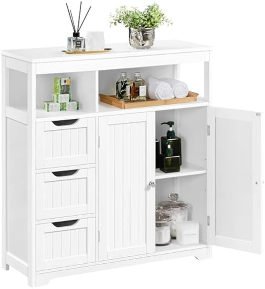 Yaheetech Bathroom Floor Cabinet, Wooden Storage Organizer with 3 Drawers and 2 Open Shelves, Freestanding Storage Cabinet with a Large Bottom Cabinet for Bathroom, Living Room, Kitchen, White
