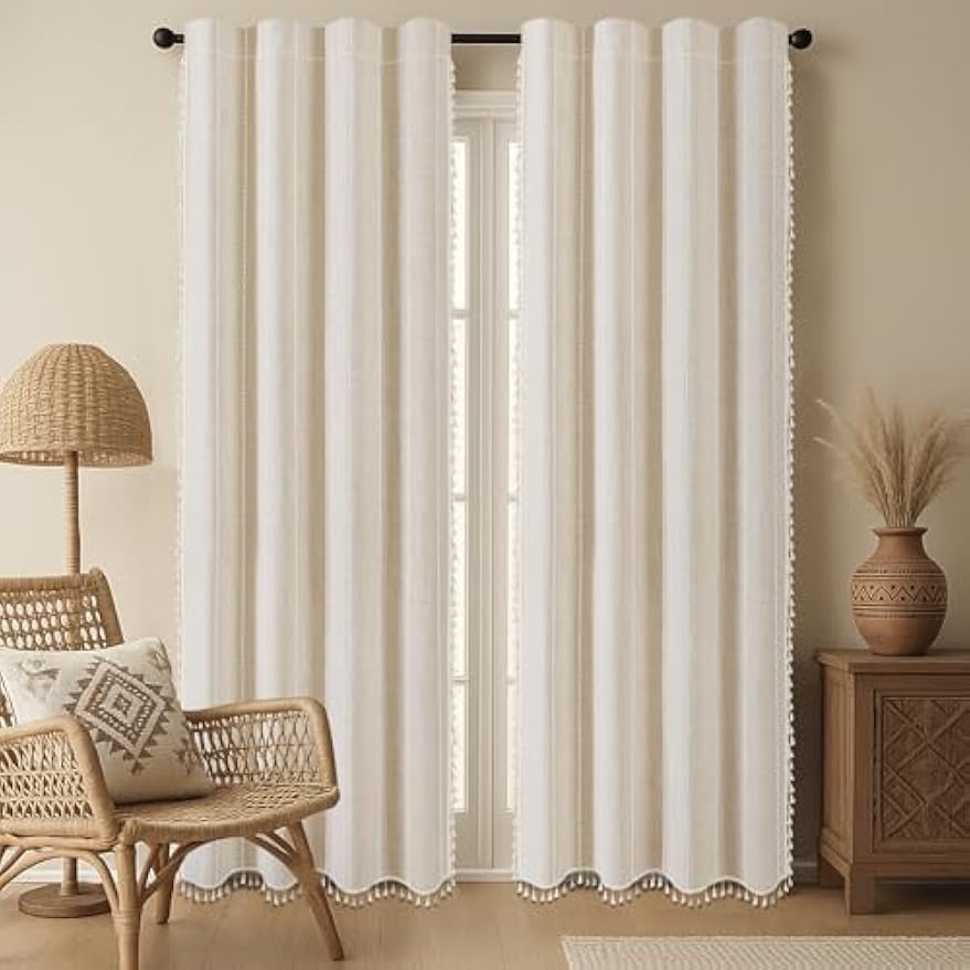 Boho Blackout Curtains Farmhouse Beige 2 Panels Curtains 84 Inch for Living Room, Linen Tassels Curtains Cotton Embroidery for Bedroom Rod Pocket Drapes Vintage Rustic Western Window
