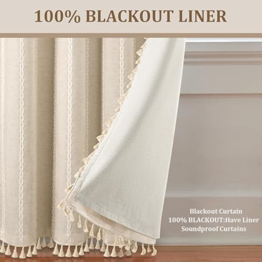 Boho Blackout Curtains Farmhouse Beige 2 Panels Curtains 84 Inch for Living Room, Linen Tassels Curtains Cotton Embroidery for Bedroom Rod Pocket Drapes Vintage Rustic Western Window