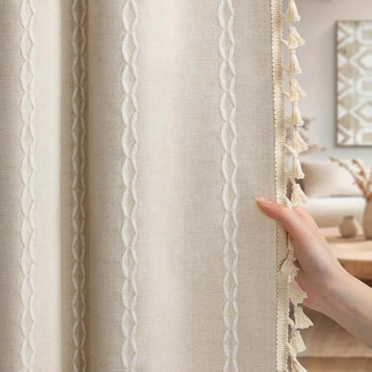 Boho Blackout Curtains Farmhouse Beige 2 Panels Curtains 84 Inch for Living Room, Linen Tassels Curtains Cotton Embroidery for Bedroom Rod Pocket Drapes Vintage Rustic Western Window