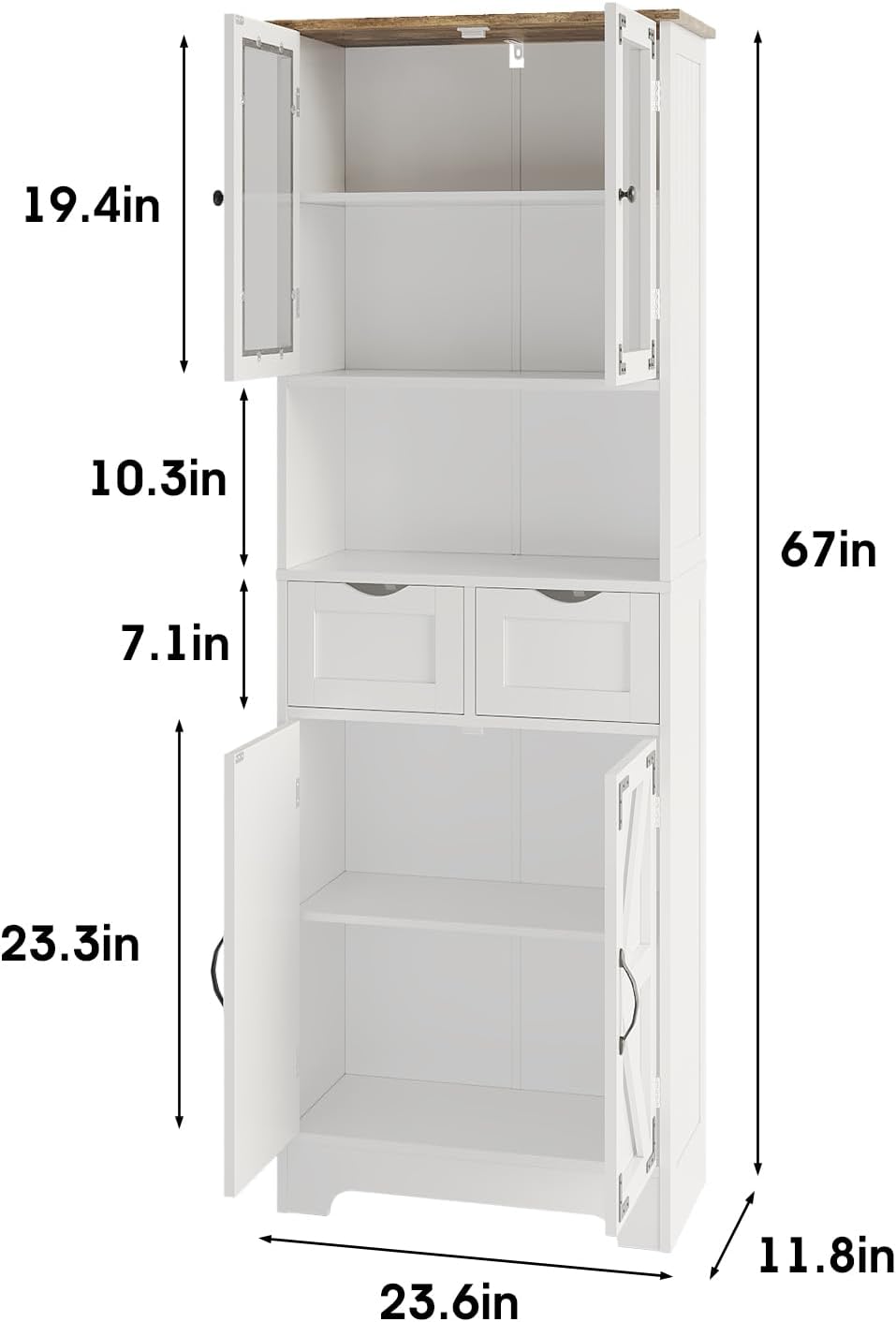 Maupvit 67" Tall Bathroom Storage Cabinet, Freestanding Linen Bathroom Cabinet with Glass Doors, 2 Drawer & Adjustable Shelves for Living Room, Kitchen, Dining Room, White