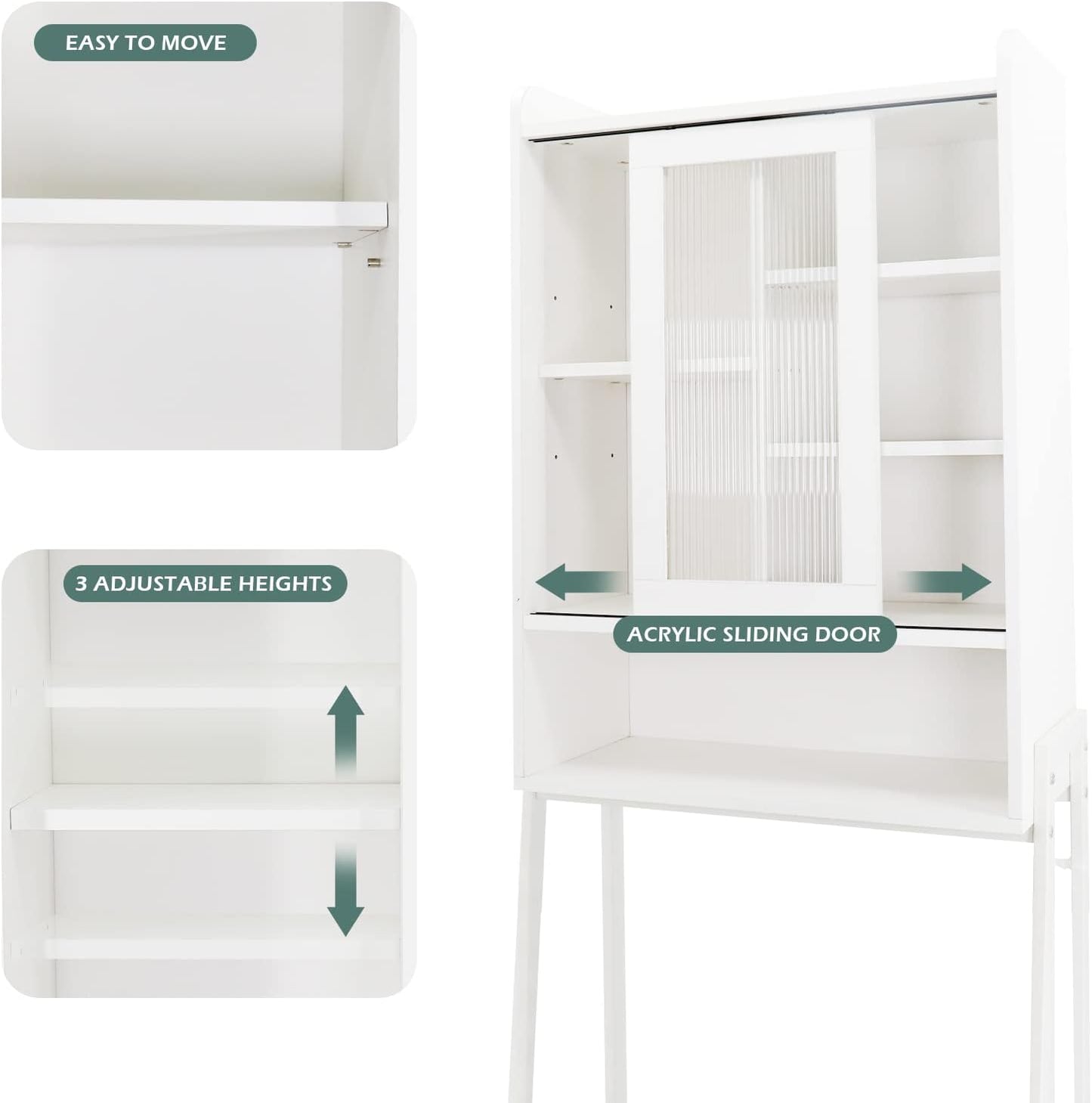 Over Toilet Storage Cabinet Organizer for Bathroom, Over Toilet Shelf, Freestanding Space Saver with Adjustable Shelves, Acrylic Sliding Door, Wide Open Shelf, 2 Hooks, Classic White