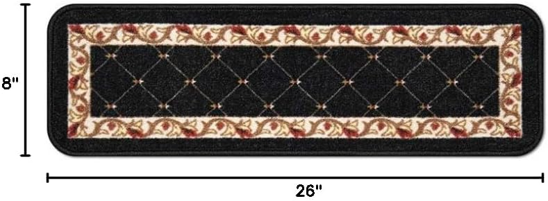 House, Home and More Set of 15 Skid-Resistant Carpet Stair Treads – Traditional Lattice with Floral Border – Ebony Black – 8 Inches X 26 Inches