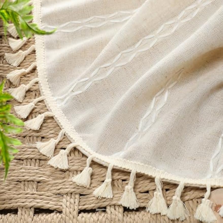 Boho Blackout Curtains Farmhouse Beige 2 Panels Curtains 84 Inch for Living Room, Linen Tassels Curtains Cotton Embroidery for Bedroom Rod Pocket Drapes Vintage Rustic Western Window