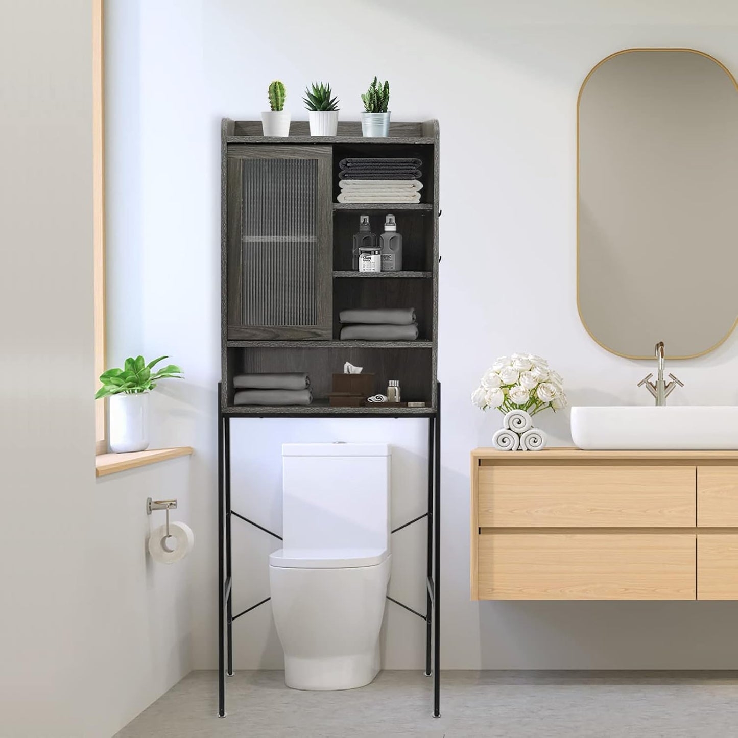 Over Toilet Storage Cabinet Organizer for Bathroom, Over Toilet Shelf, Freestanding Space Saver with Adjustable Shelves, Acrylic Sliding Door, Wide Open Shelf, 2 Hooks, Classic White
