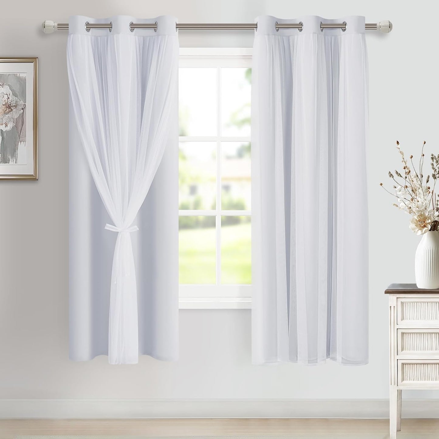 DWCN Blackout and Sheer Curtains with Tiebacks Layered Curtains for Living Room Grommet Top Window Curtain Panels with Sheer Overlay, 52 W by 84 L, Ivory, 2 Pieces