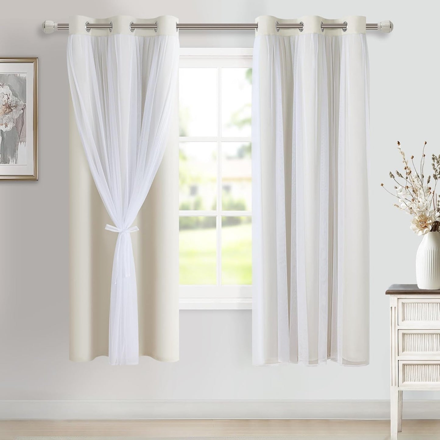 DWCN Blackout and Sheer Curtains with Tiebacks Layered Curtains for Living Room Grommet Top Window Curtain Panels with Sheer Overlay, 52 W by 84 L, Ivory, 2 Pieces