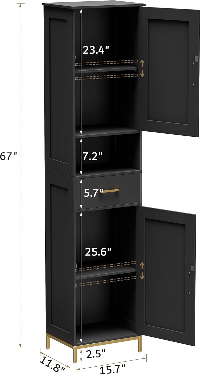 Homhedy 67" H Bathroom Storage Cabinet, Tall Narrow Cabinet with Adjustable Shelves, Freestanding Cabinet with 2 Doors and Drawer, Linen Cabinet for Bathroom, Living Room, Kitchen, Dining Room, Black