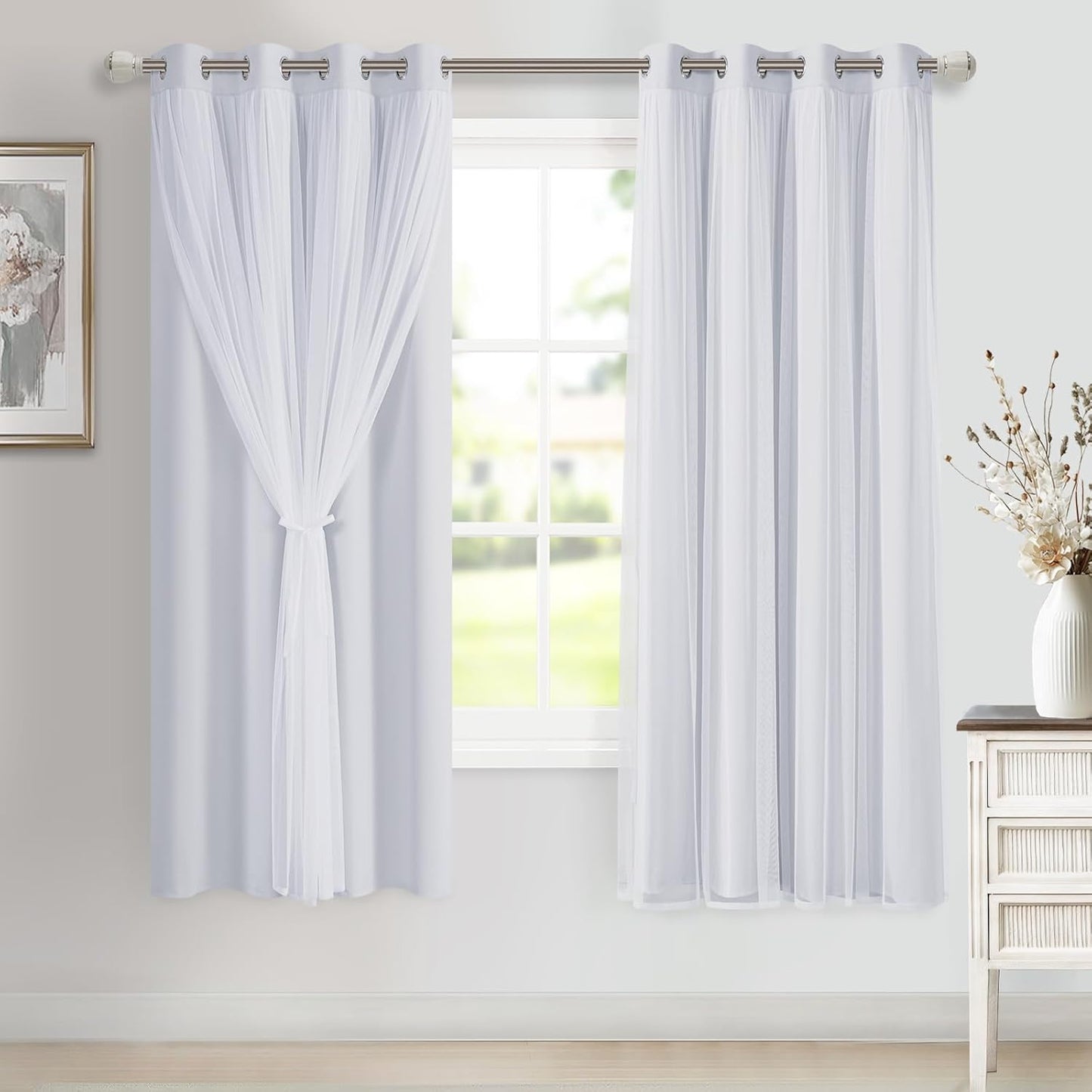 DWCN Blackout and Sheer Curtains with Tiebacks Layered Curtains for Living Room Grommet Top Window Curtain Panels with Sheer Overlay, 52 W by 84 L, Ivory, 2 Pieces