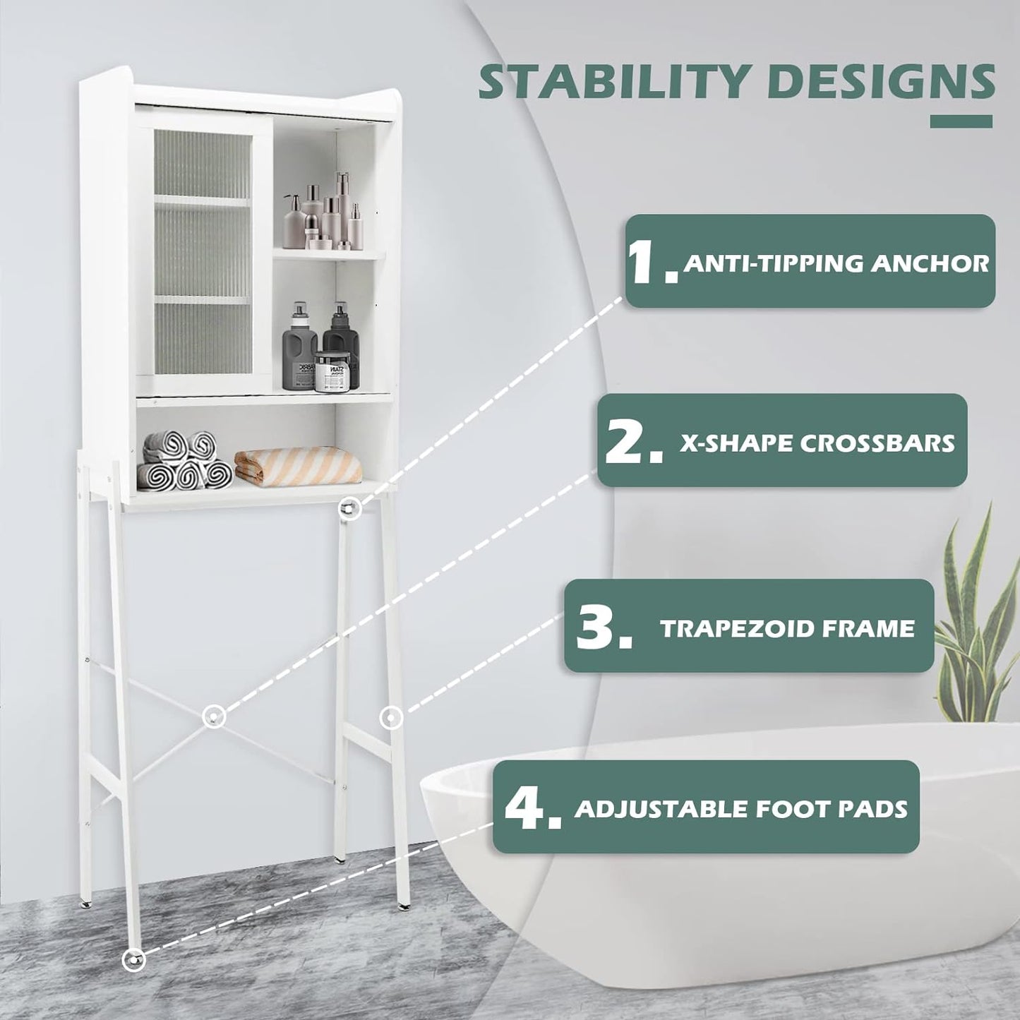 Over Toilet Storage Cabinet Organizer for Bathroom, Over Toilet Shelf, Freestanding Space Saver with Adjustable Shelves, Acrylic Sliding Door, Wide Open Shelf, 2 Hooks, Classic White