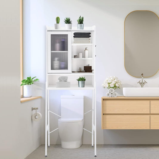 Over Toilet Storage Cabinet Organizer for Bathroom, Over Toilet Shelf, Freestanding Space Saver with Adjustable Shelves, Acrylic Sliding Door, Wide Open Shelf, 2 Hooks, Classic White