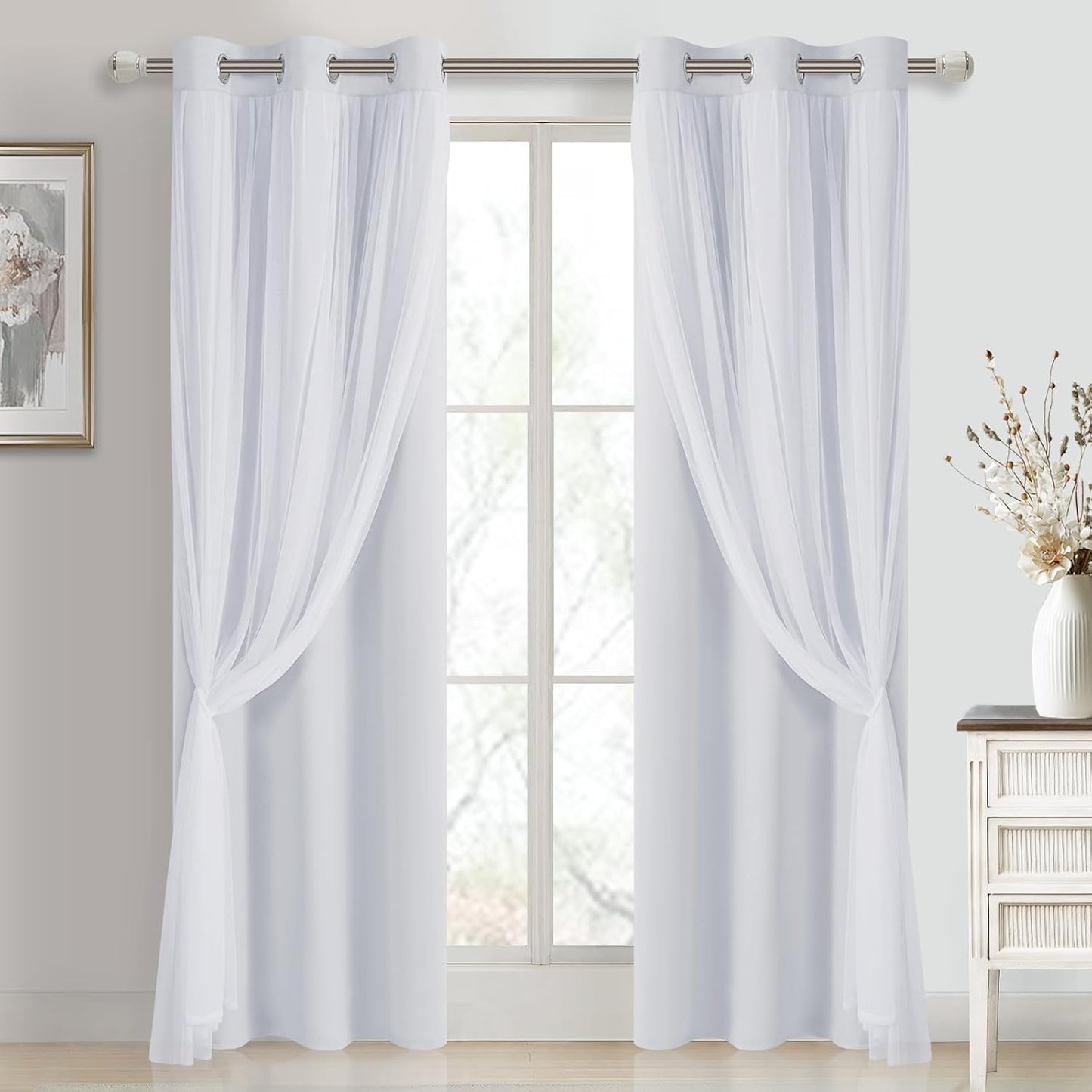 DWCN Blackout and Sheer Curtains with Tiebacks Layered Curtains for Living Room Grommet Top Window Curtain Panels with Sheer Overlay, 52 W by 84 L, Ivory, 2 Pieces