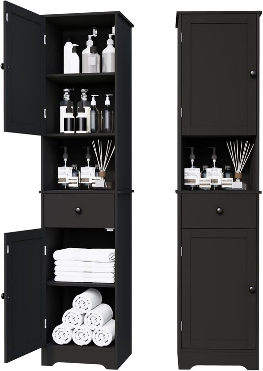 Tall Bathroom Cabinet, Storage Cabinet with 2 Doors & 2Drawer, with Ajustable Shelve, for Bathrooms, Kitchens,Entrances,Bedrooms（Black）