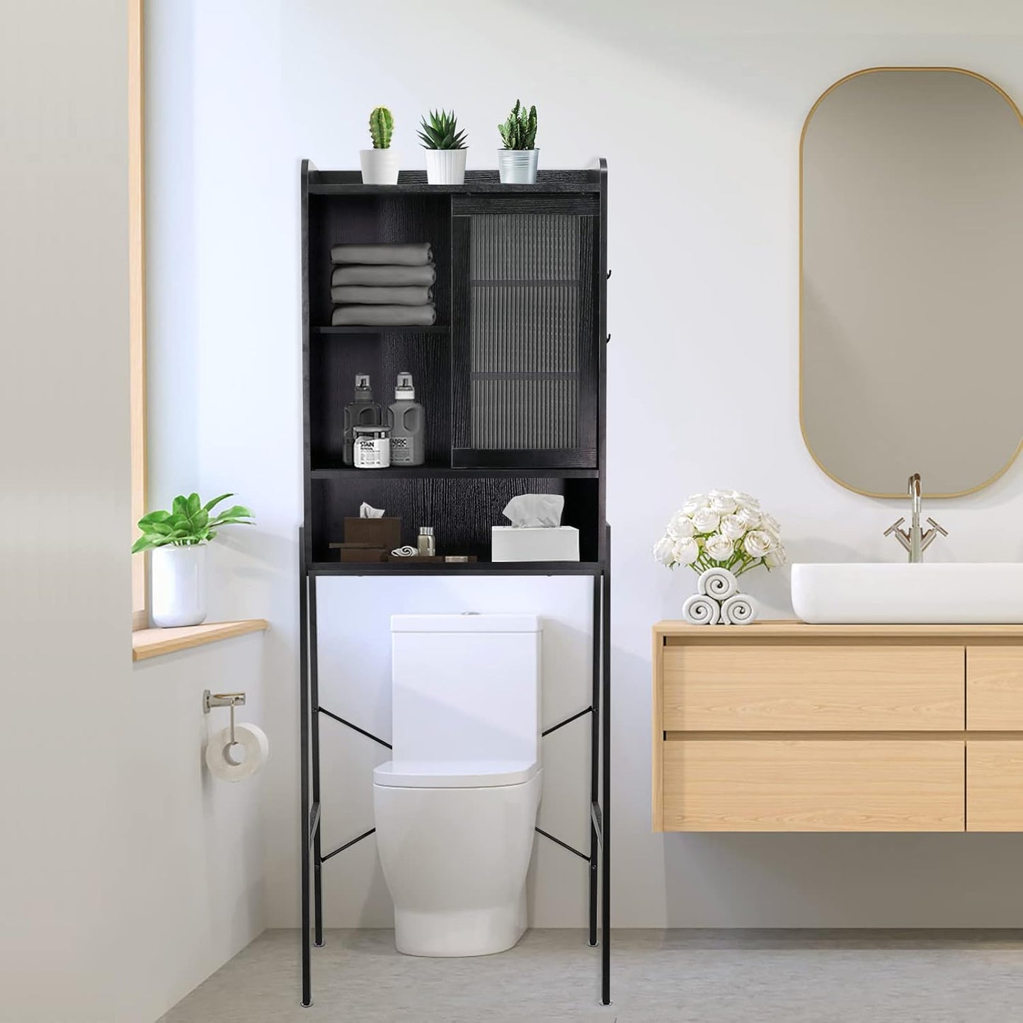 Over Toilet Storage Cabinet Organizer for Bathroom, Over Toilet Shelf, Freestanding Space Saver with Adjustable Shelves, Acrylic Sliding Door, Wide Open Shelf, 2 Hooks, Classic White
