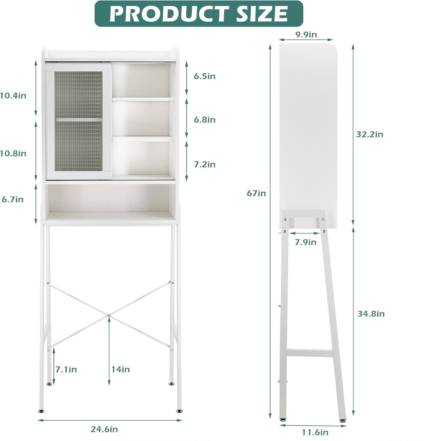 Over Toilet Storage Cabinet Organizer for Bathroom, Over Toilet Shelf, Freestanding Space Saver with Adjustable Shelves, Acrylic Sliding Door, Wide Open Shelf, 2 Hooks, Classic White