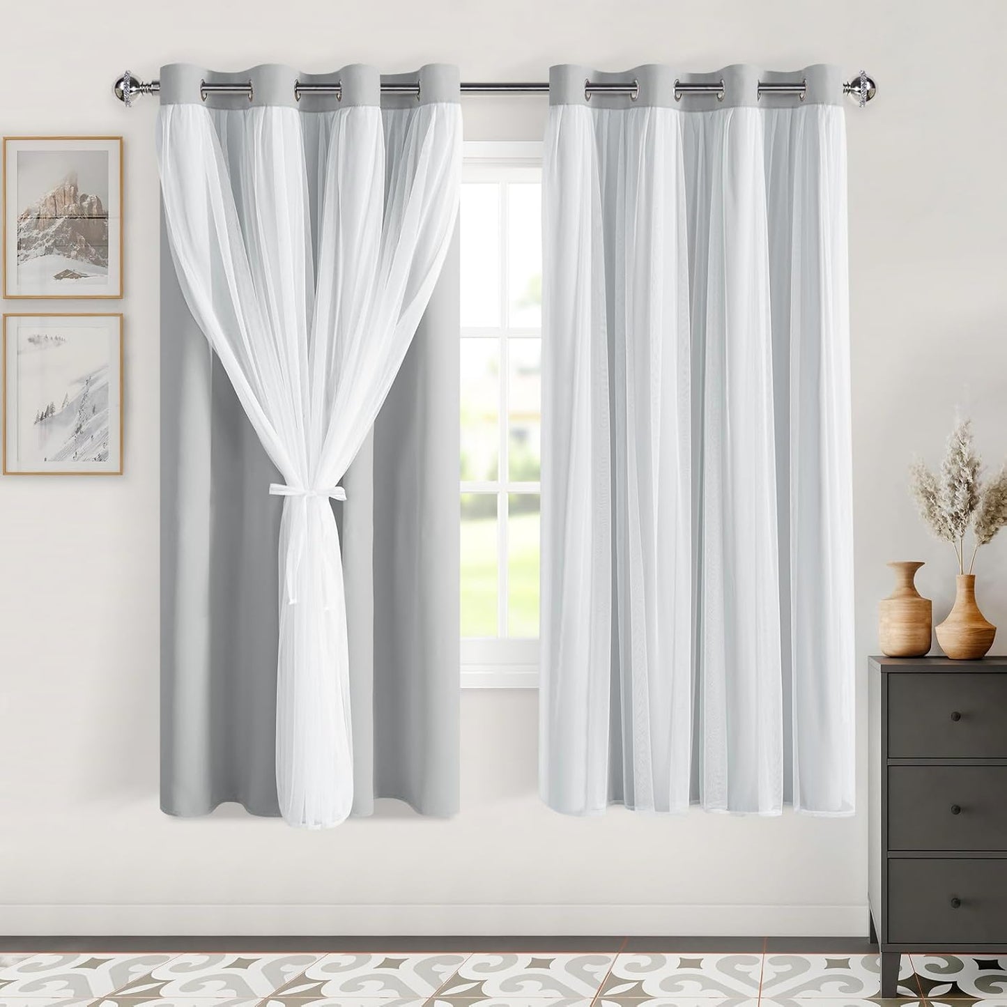 DWCN Blackout and Sheer Curtains with Tiebacks Layered Curtains for Living Room Grommet Top Window Curtain Panels with Sheer Overlay, 52 W by 84 L, Ivory, 2 Pieces