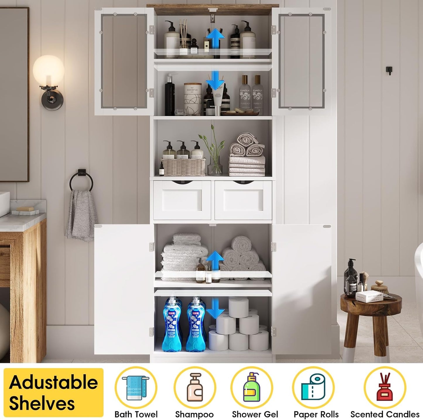 Maupvit 67" Tall Bathroom Storage Cabinet, Freestanding Linen Bathroom Cabinet with Glass Doors, 2 Drawer & Adjustable Shelves for Living Room, Kitchen, Dining Room, White