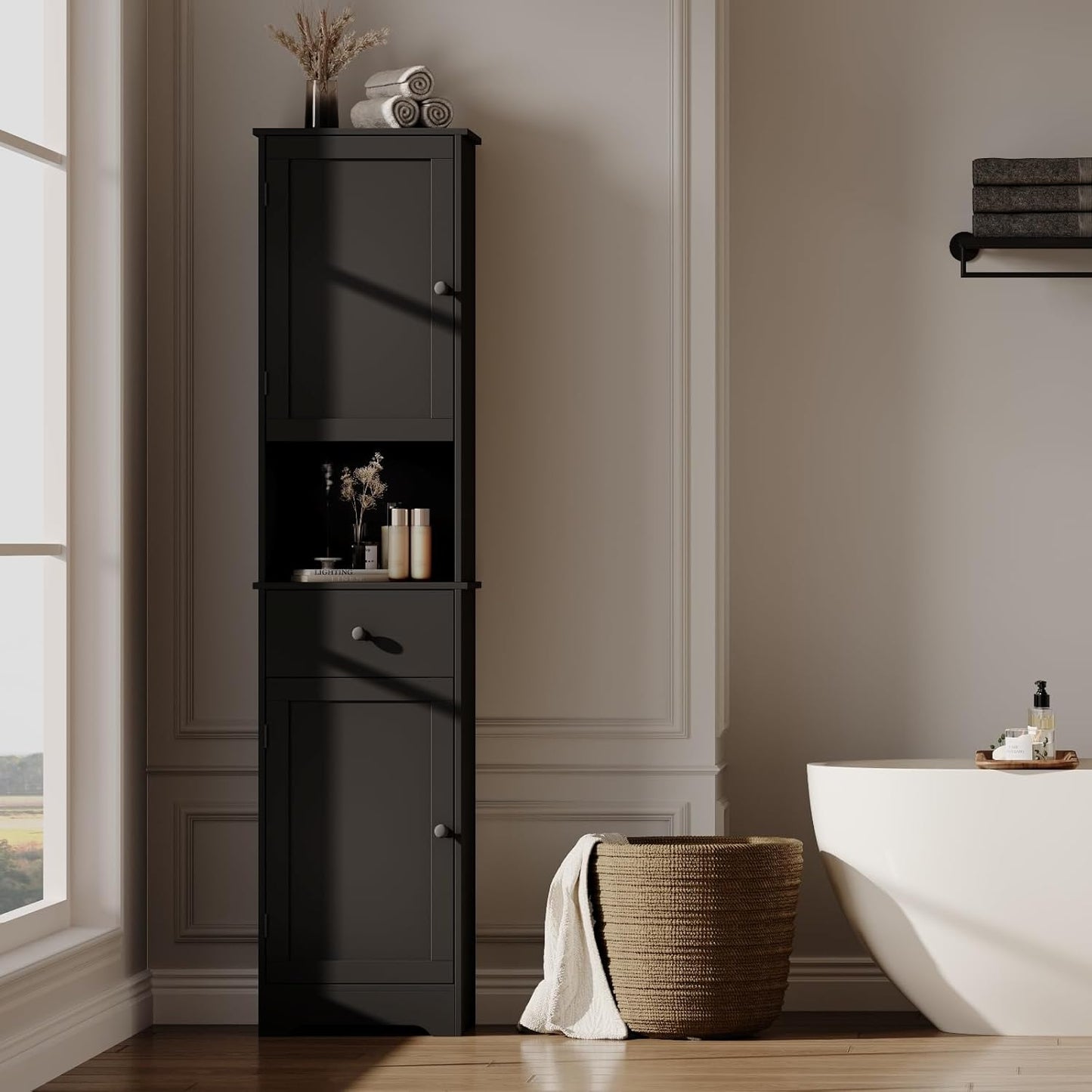 Tall Bathroom Cabinet, Storage Cabinet with 2 Doors & 2Drawer, with Ajustable Shelve, for Bathrooms, Kitchens,Entrances,Bedrooms（Black）