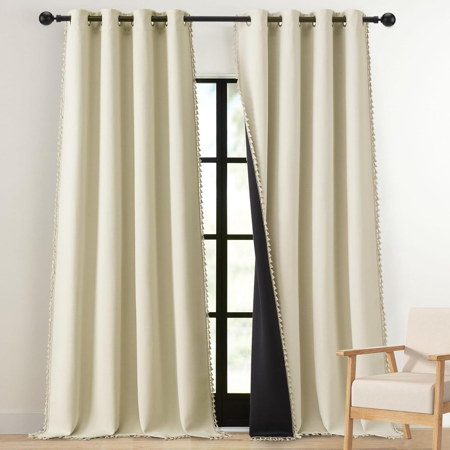 Linen Blackout Curtains for Living Room 84 Inches Long Boho Black Out Curtains for Bedroom Thermal Insulated Light Blocking Drapes 2 Panels Set Noise Reduction Curtain
