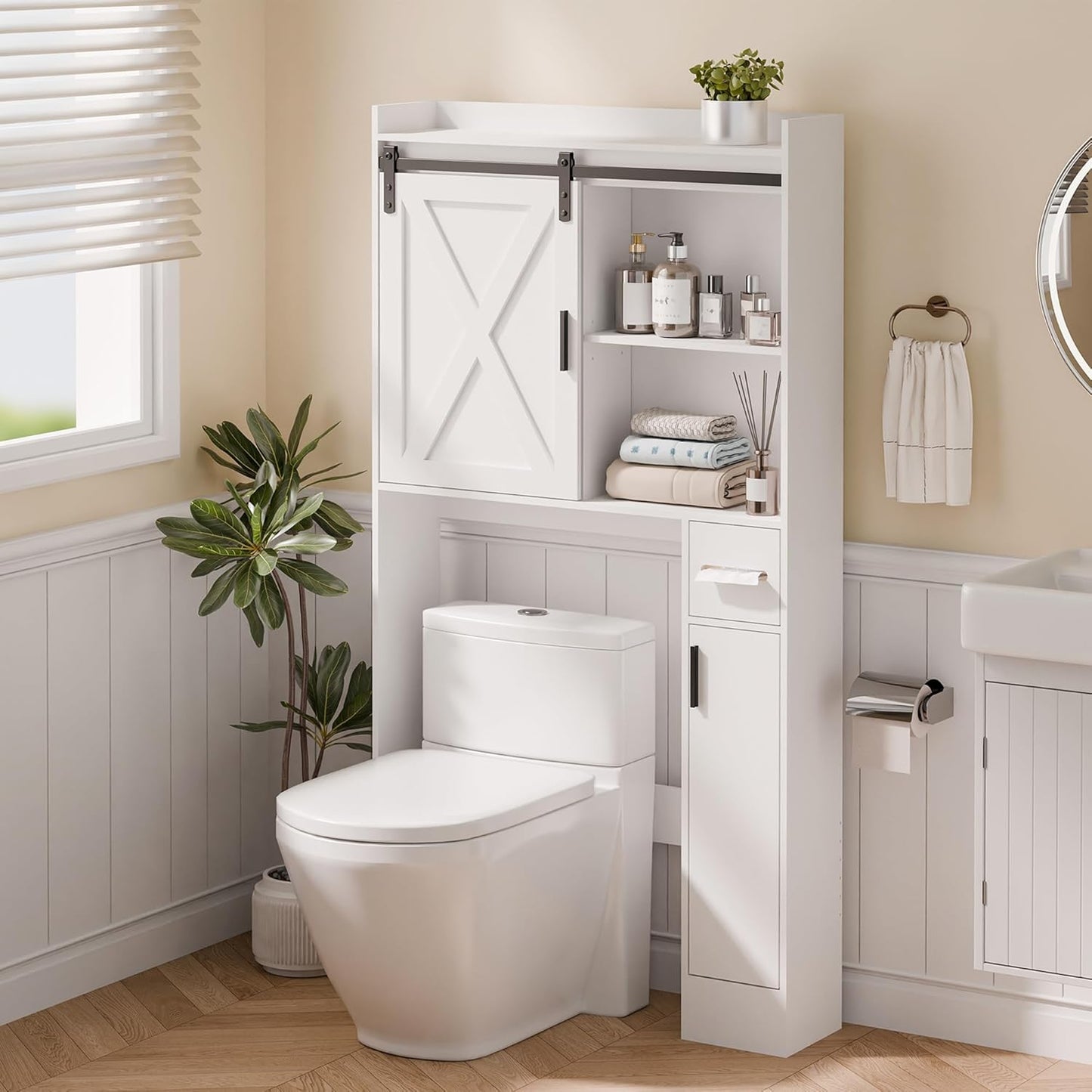 MU Over The Toilet Storage Cabinet with Doors, 32" Bathroom Storage Organizer with Side Shelves, Space-Saving Toilet Storage Rack for Bathroom, Laundry (White)