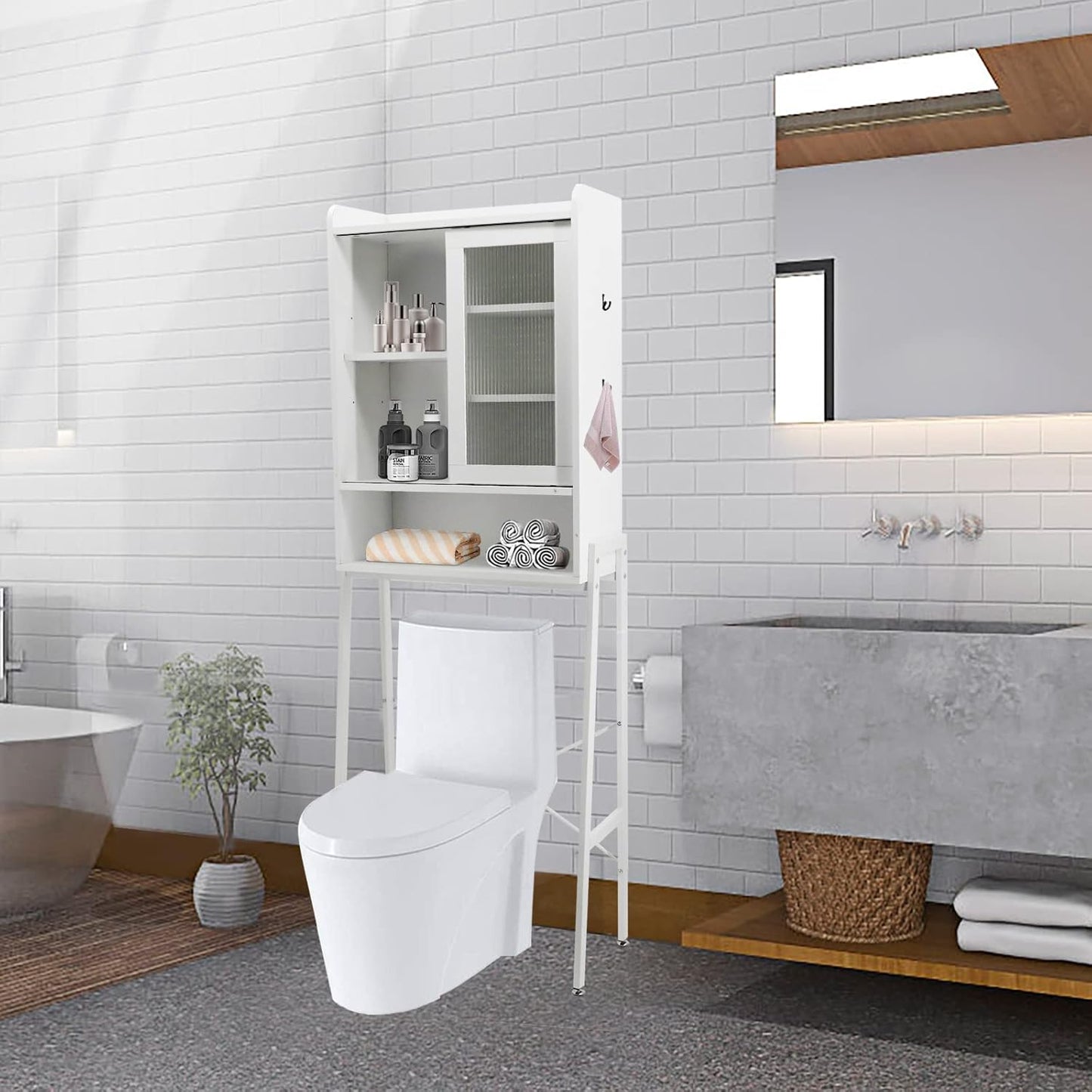 Over Toilet Storage Cabinet Organizer for Bathroom, Over Toilet Shelf, Freestanding Space Saver with Adjustable Shelves, Acrylic Sliding Door, Wide Open Shelf, 2 Hooks, Classic White