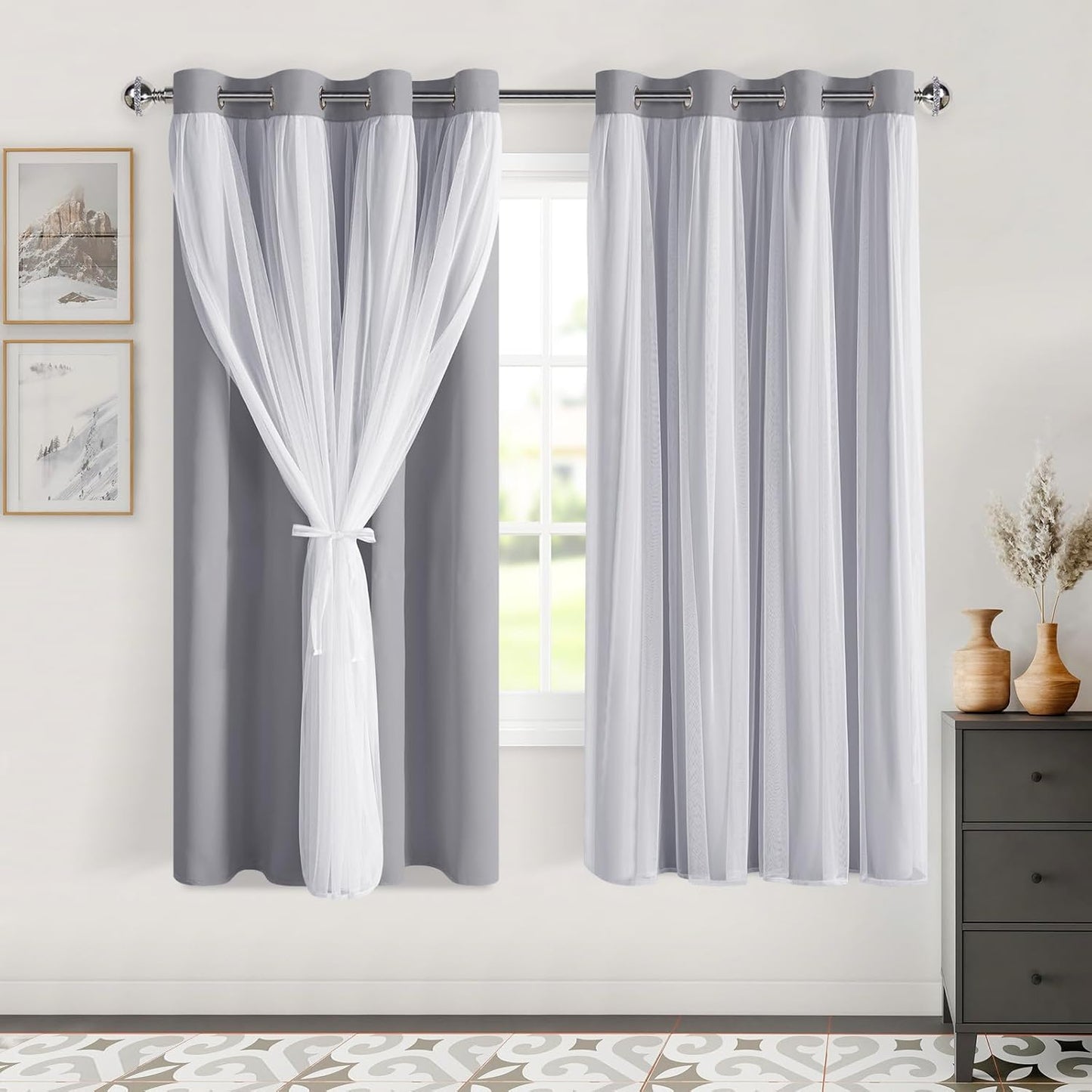 DWCN Blackout and Sheer Curtains with Tiebacks Layered Curtains for Living Room Grommet Top Window Curtain Panels with Sheer Overlay, 52 W by 84 L, Ivory, 2 Pieces
