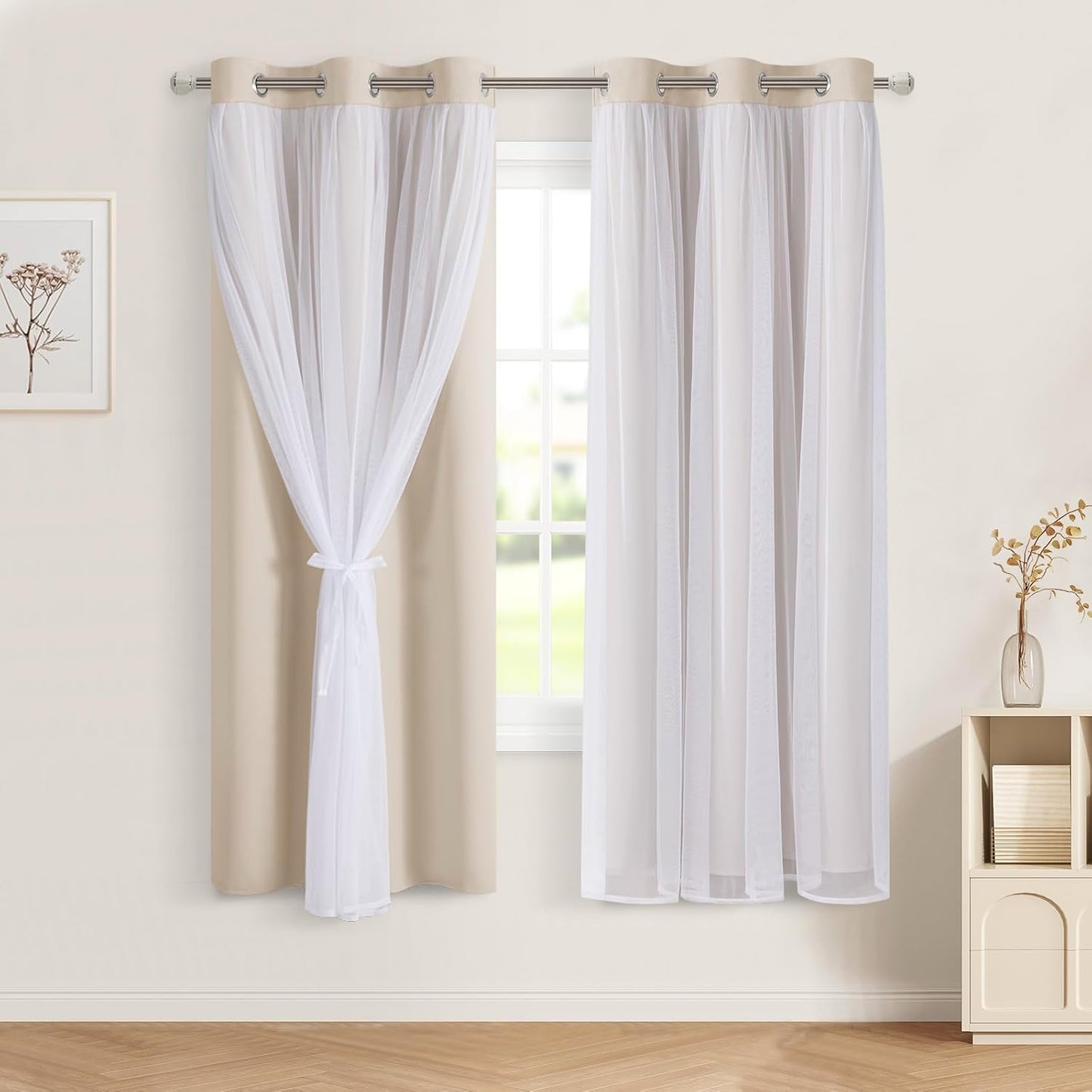 DWCN Blackout and Sheer Curtains with Tiebacks Layered Curtains for Living Room Grommet Top Window Curtain Panels with Sheer Overlay, 52 W by 84 L, Ivory, 2 Pieces