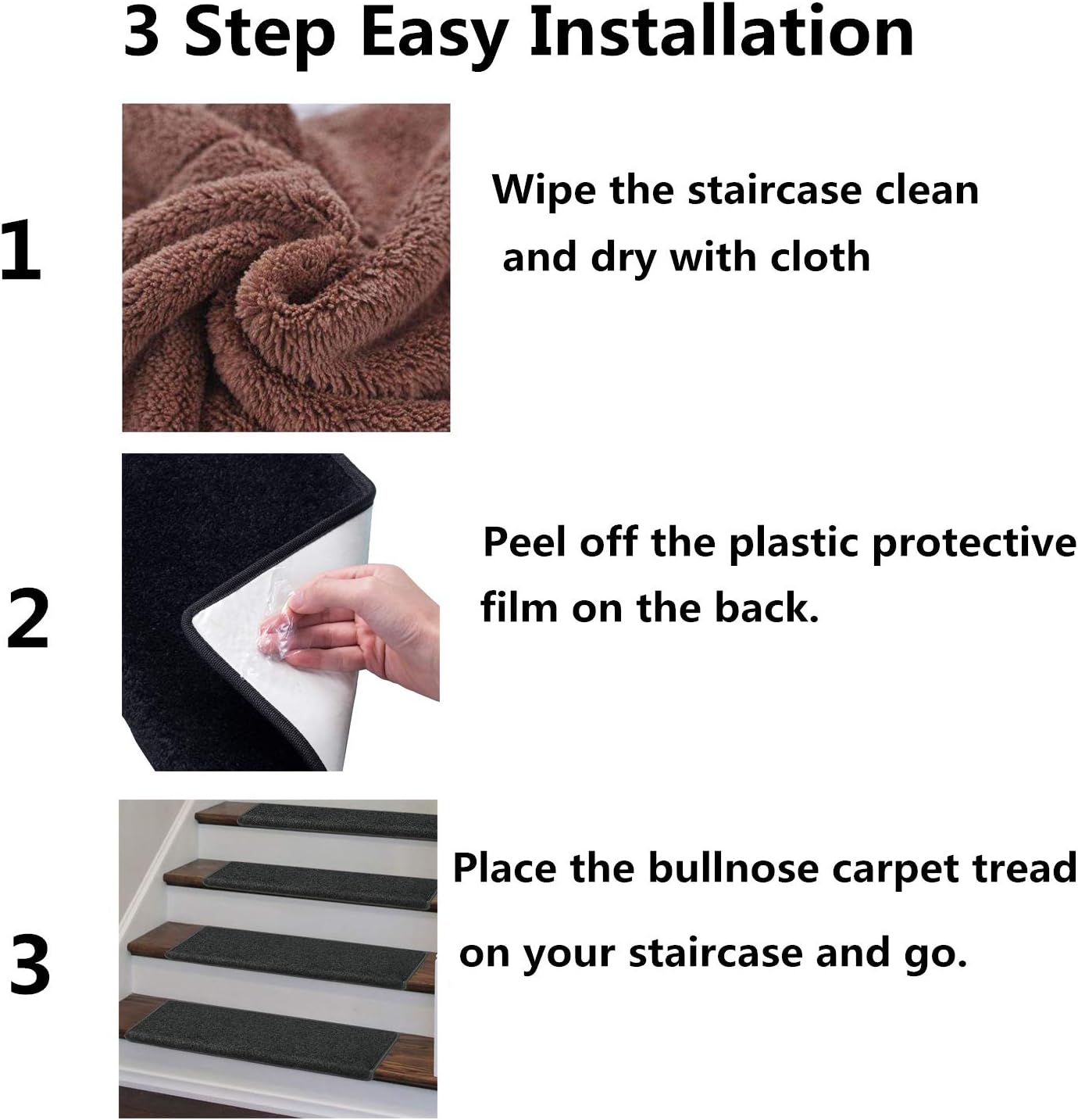 Carpet Stair Treads – Non-Slip Bullnose Carpet for Stairs – Indoor Stair Pads – Self-Adhesive – Skid Resistant & Washable – 14- Pack Black 9.5" x 30"x 1.3"