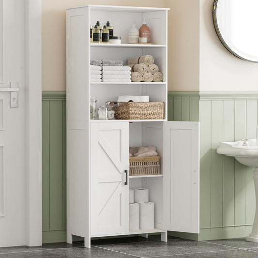 Homhedy 67" Tall Bathroom Storage Cabinet, Freestanding Farmhouse Cabinet with 2 Doors and Shelves, Bathroom Organizers and Storage for Kitchen, Living Room, Laundry Room, White
