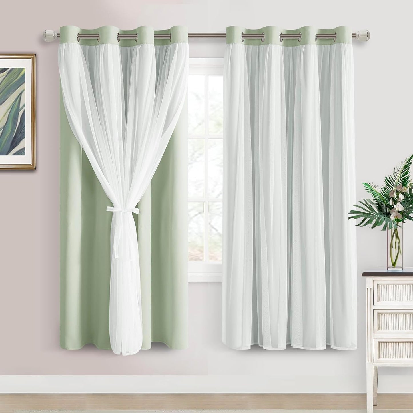 DWCN Blackout and Sheer Curtains with Tiebacks Layered Curtains for Living Room Grommet Top Window Curtain Panels with Sheer Overlay, 52 W by 84 L, Ivory, 2 Pieces