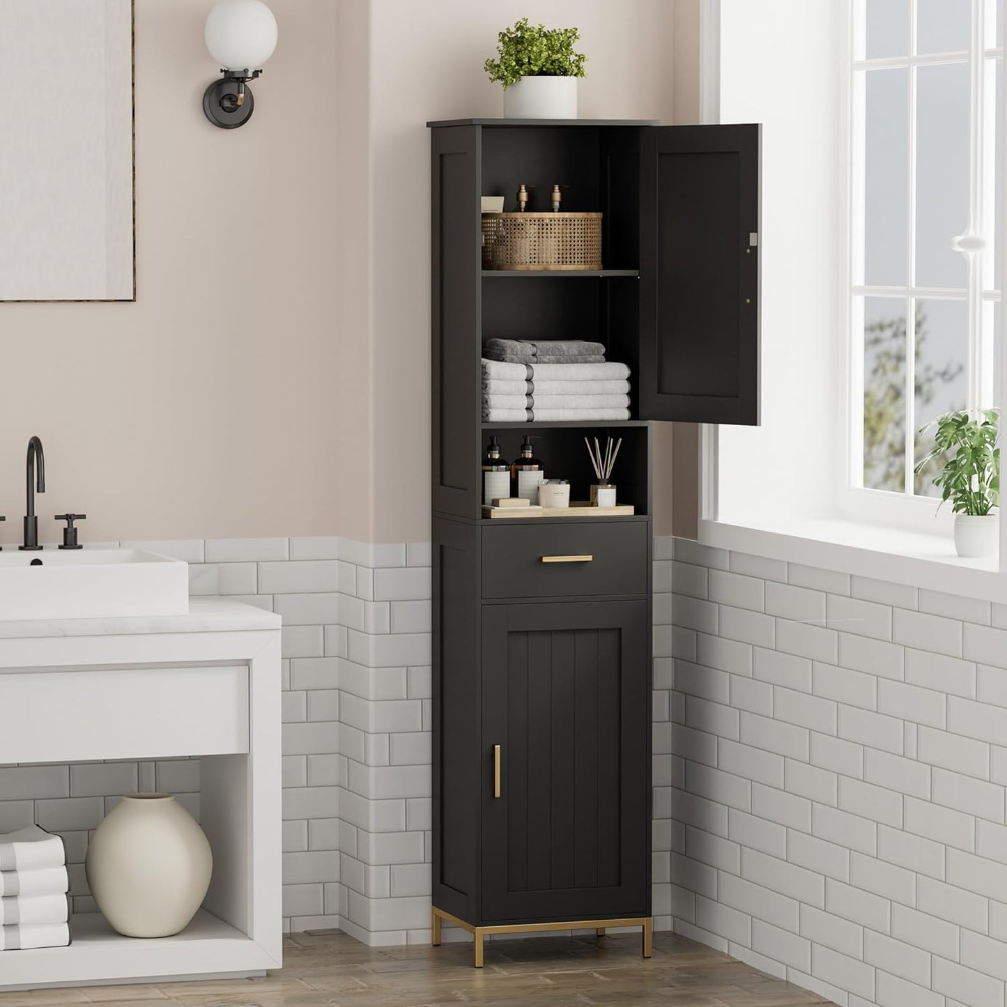 Homhedy 67" H Bathroom Storage Cabinet, Tall Narrow Cabinet with Adjustable Shelves, Freestanding Cabinet with 2 Doors and Drawer, Linen Cabinet for Bathroom, Living Room, Kitchen, Dining Room, Black