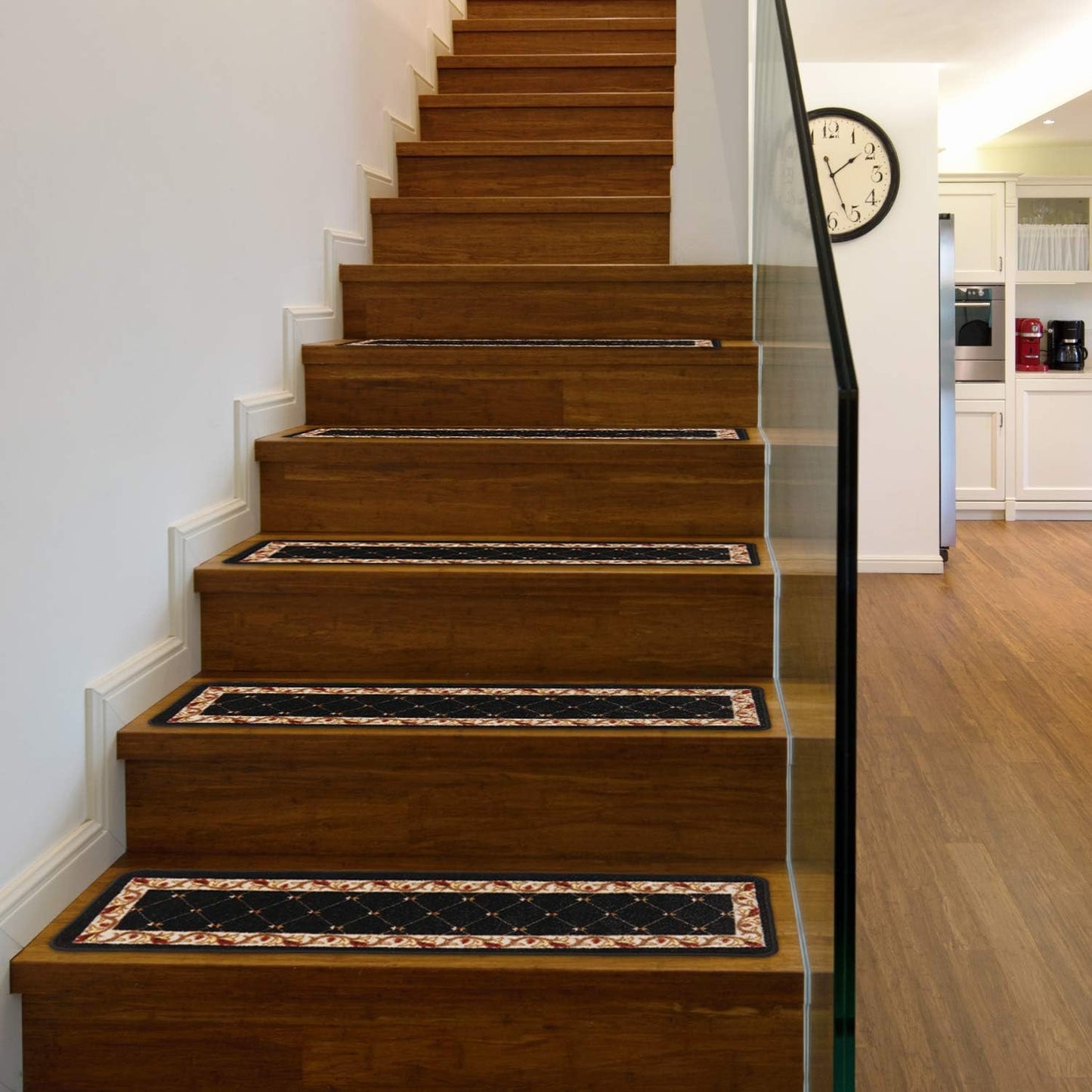 House, Home and More Set of 15 Skid-Resistant Carpet Stair Treads – Traditional Lattice with Floral Border – Ebony Black – 8 Inches X 26 Inches