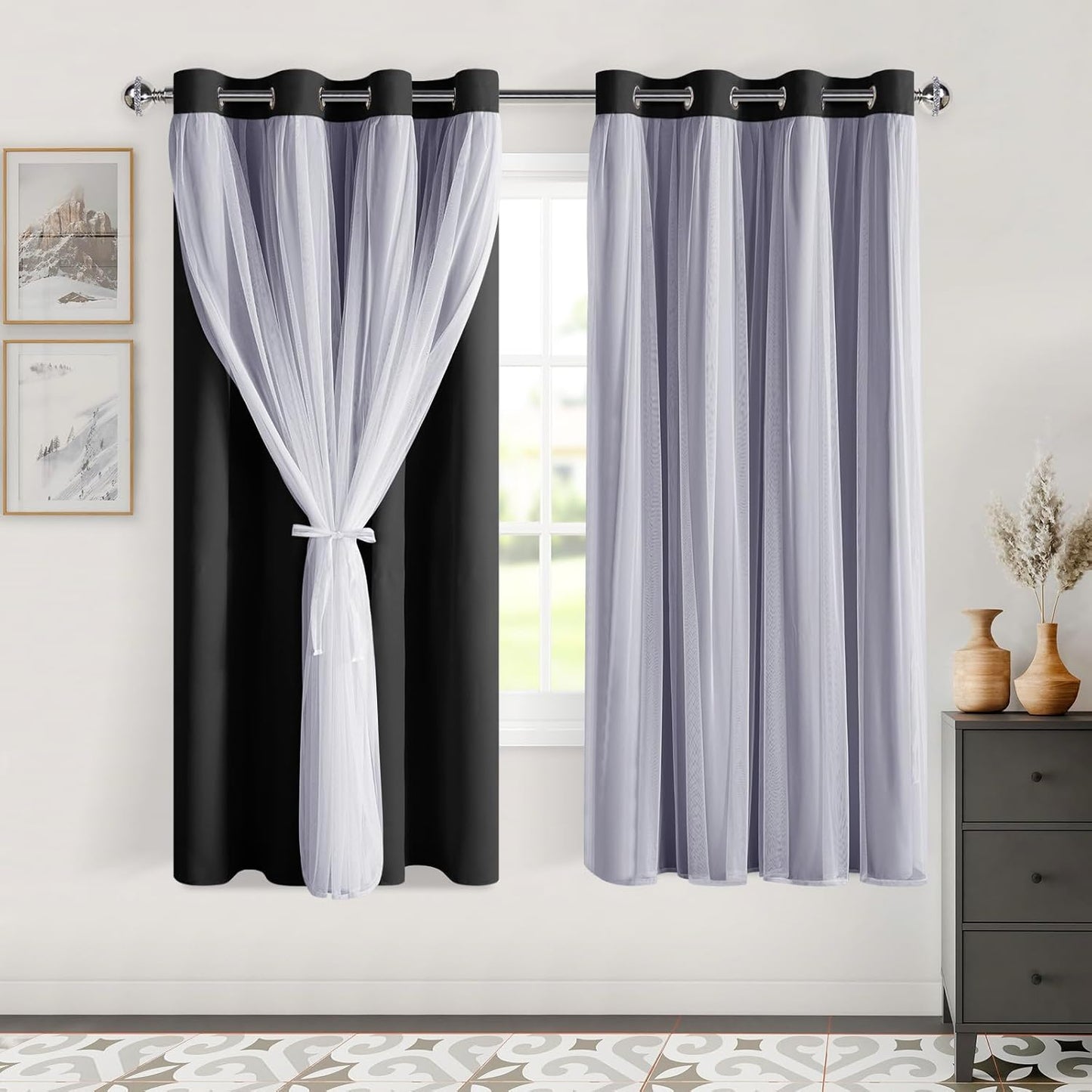 DWCN Blackout and Sheer Curtains with Tiebacks Layered Curtains for Living Room Grommet Top Window Curtain Panels with Sheer Overlay, 52 W by 84 L, Ivory, 2 Pieces