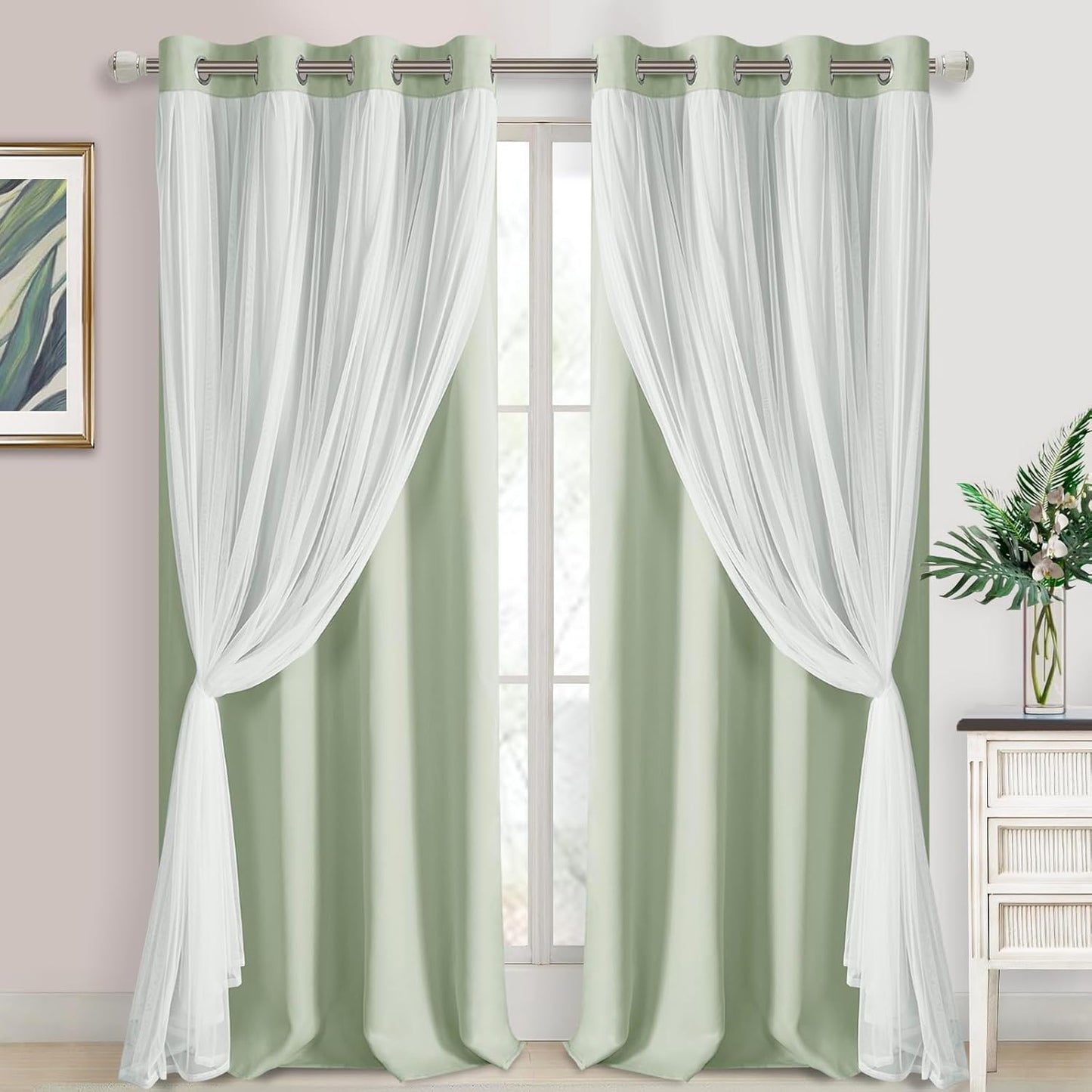 DWCN Blackout and Sheer Curtains with Tiebacks Layered Curtains for Living Room Grommet Top Window Curtain Panels with Sheer Overlay, 52 W by 84 L, Ivory, 2 Pieces