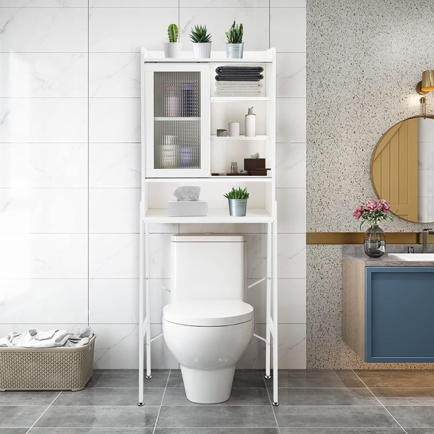 Over Toilet Storage Cabinet Organizer for Bathroom, Over Toilet Shelf, Freestanding Space Saver with Adjustable Shelves, Acrylic Sliding Door, Wide Open Shelf, 2 Hooks, Classic White
