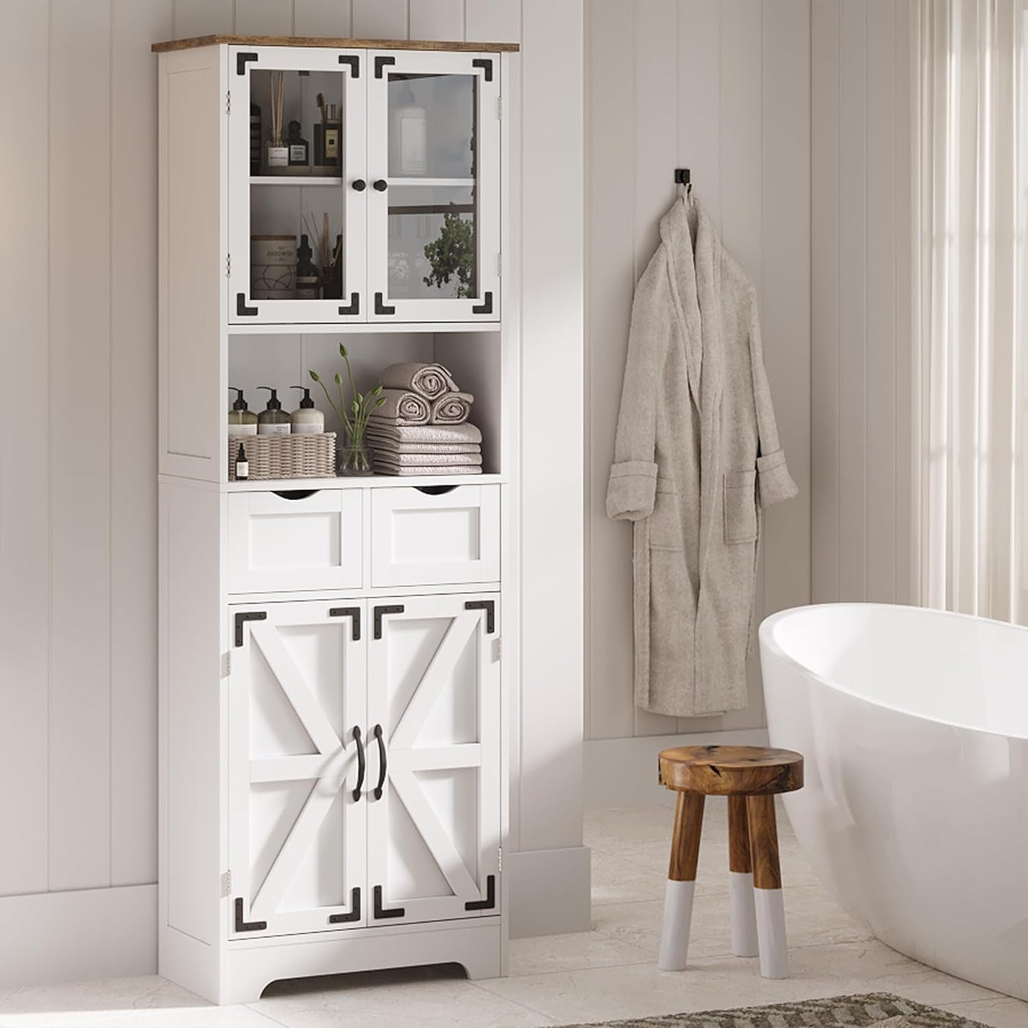 Maupvit 67" Tall Bathroom Storage Cabinet, Freestanding Linen Bathroom Cabinet with Glass Doors, 2 Drawer & Adjustable Shelves for Living Room, Kitchen, Dining Room, White
