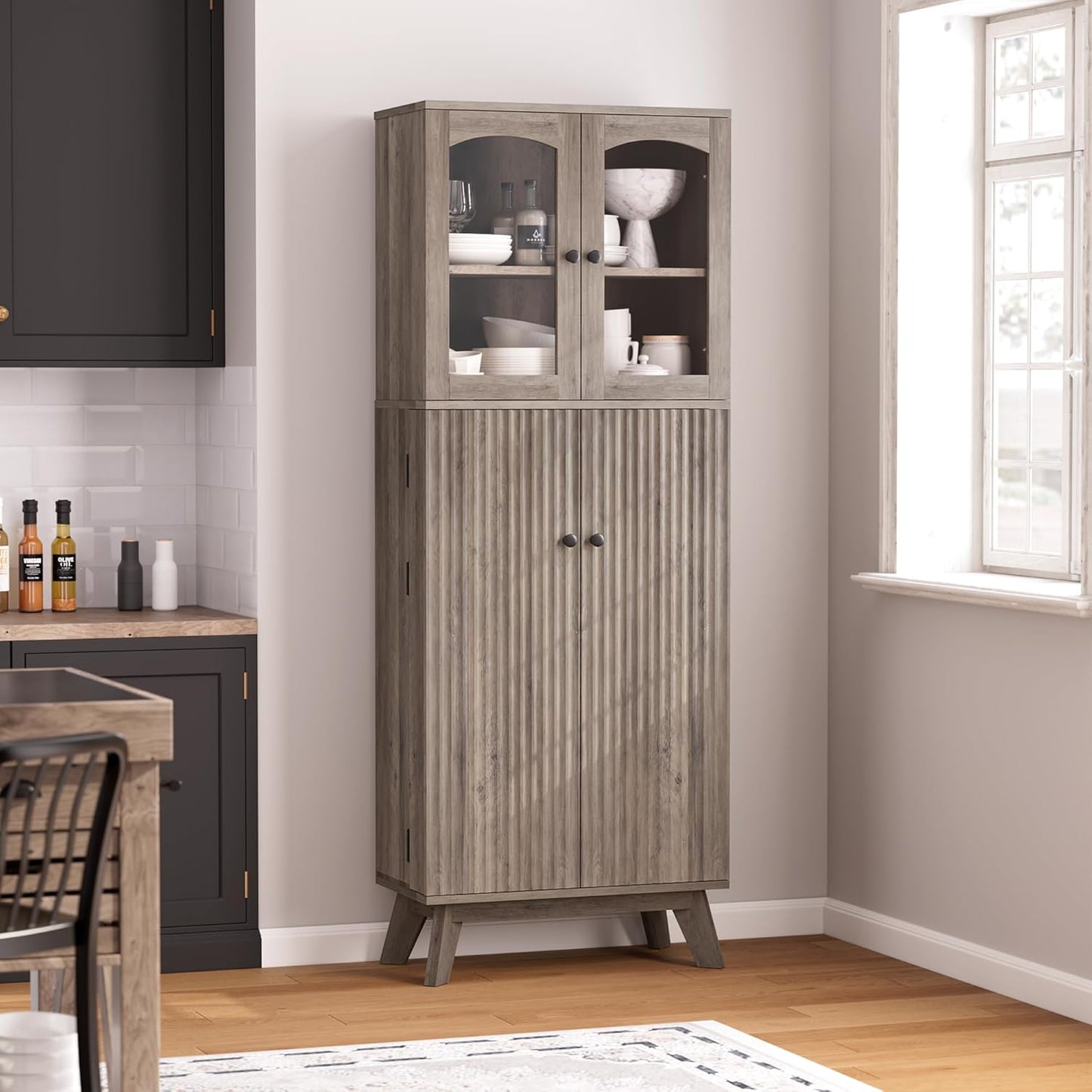 QUW 63.4" Kitchen Pantry Storage Cabinet, Tall Pantry with Glass Doors and Adjustable Shelves, Modern Freestanding Floor Cabinet Cupboard for Kitchen, Living Room, Dining Room, Grey
